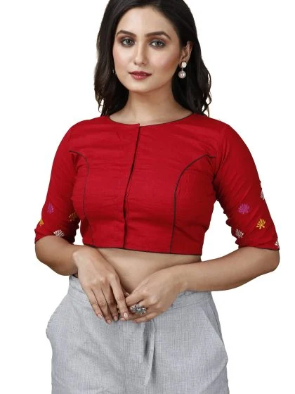 JALPAIBON Round Neck Cotton Blend Women Short Sleeve Blouse In Red-JALPBL-24-02-135