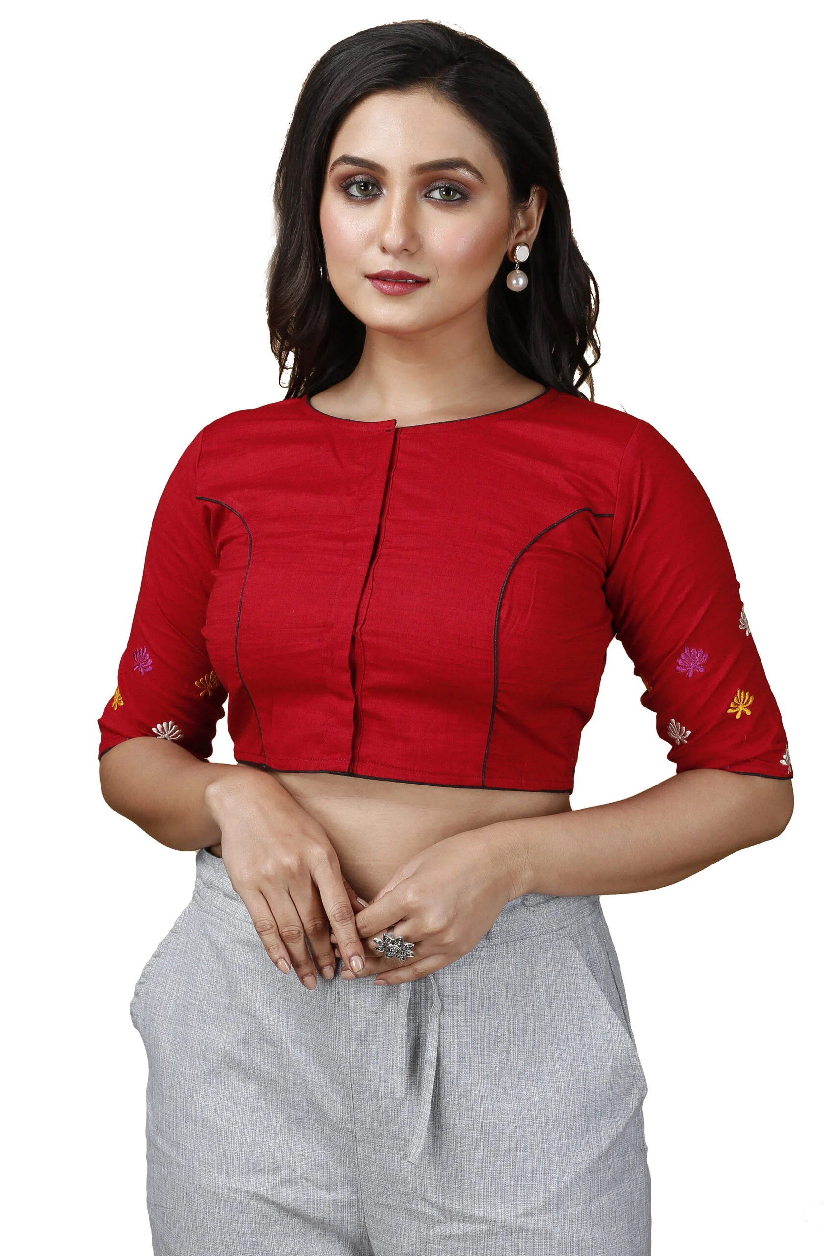 JALPAIBON Round Neck Cotton Blend Women Short Sleeve Blouse In Red-JALPBL-24-02-135