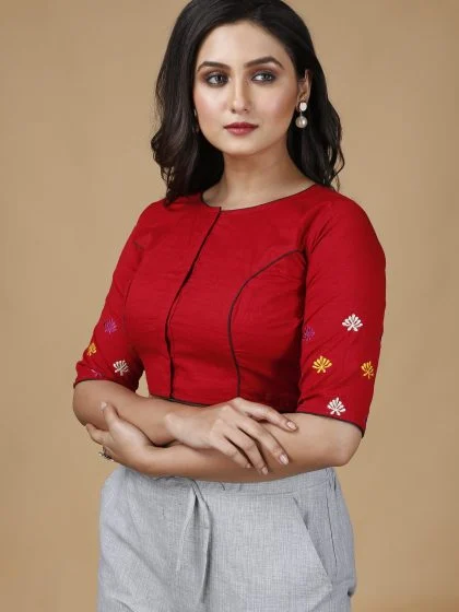 JALPAIBON Round Neck Cotton Blend Women Short Sleeve Blouse In Red-JALPBL-24-02-135