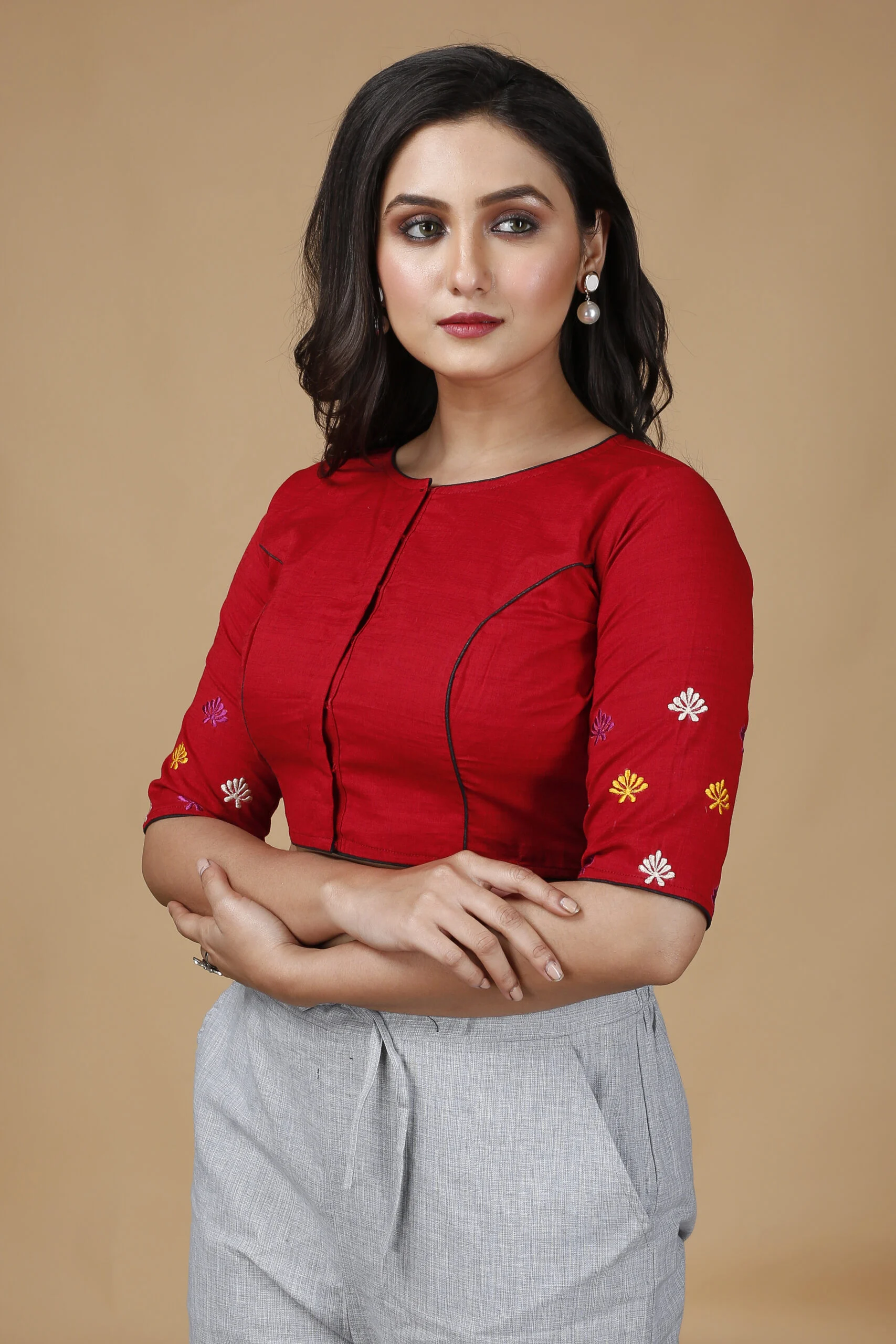JALPBL-24-02-1352-scaled-1.jpg JALPAIBON Round Neck Cotton Blend Women Short Sleeve Blouse In Red-JALPBL-24-02-135