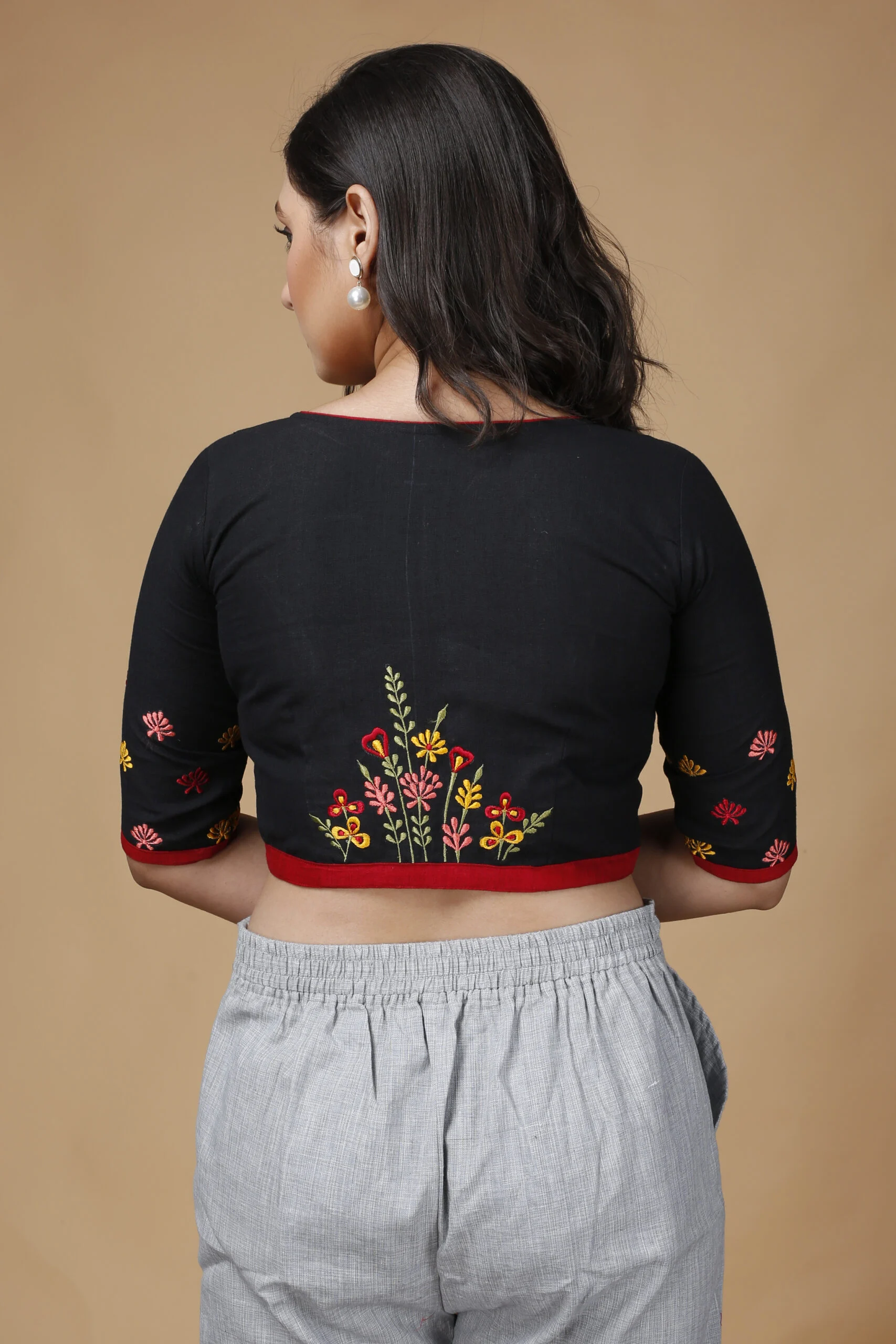 JALPBL-24-02-1371-scaled-1.jpg JALPAIBON Round Neck Cotton Blend Women Short Sleeve Blouse In Black-JALPBL-24-02-137