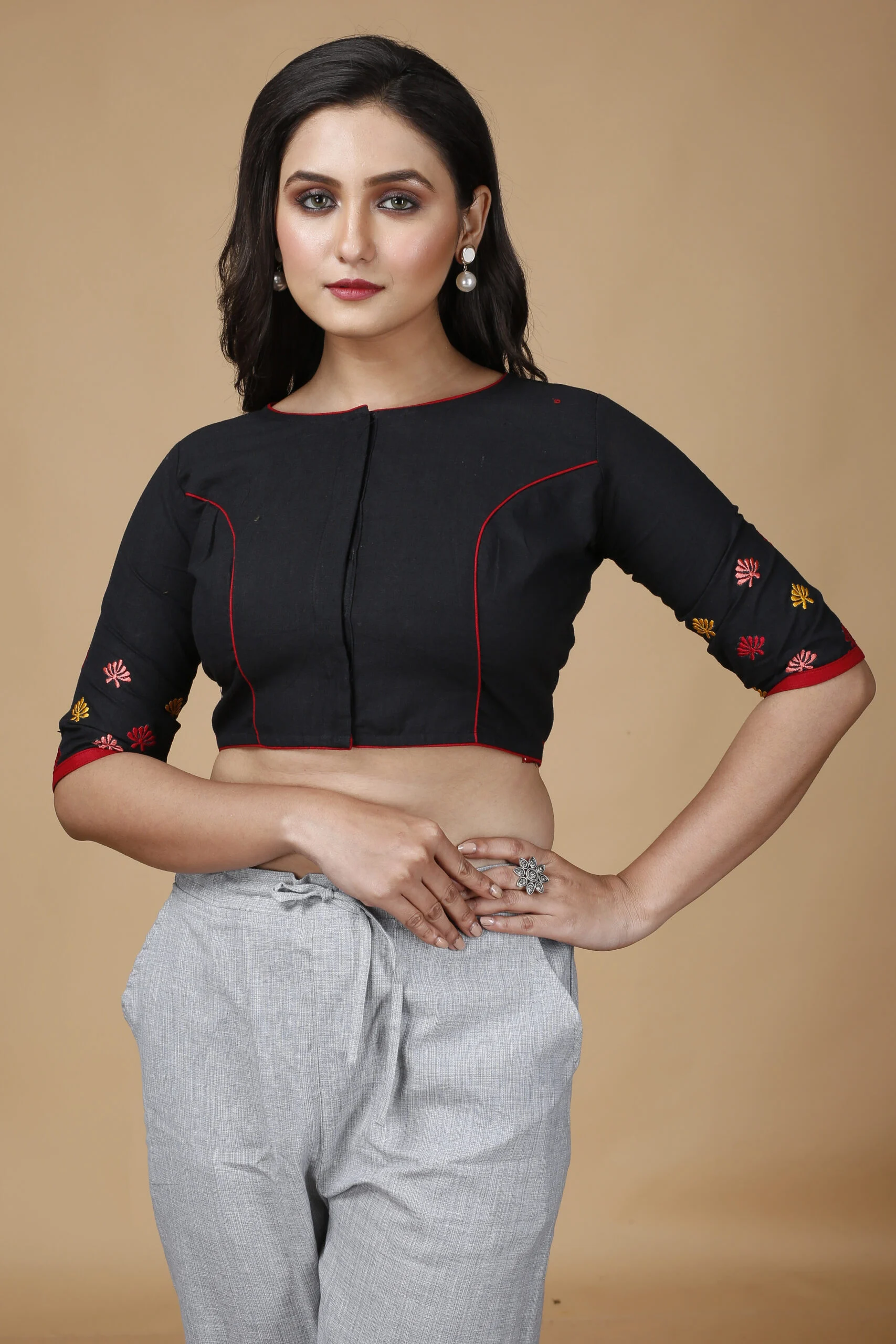 JALPBL-24-02-1372-1-scaled-1.jpg JALPAIBON Round Neck Cotton Blend Women Short Sleeve Blouse In Black-JALPBL-24-02-137