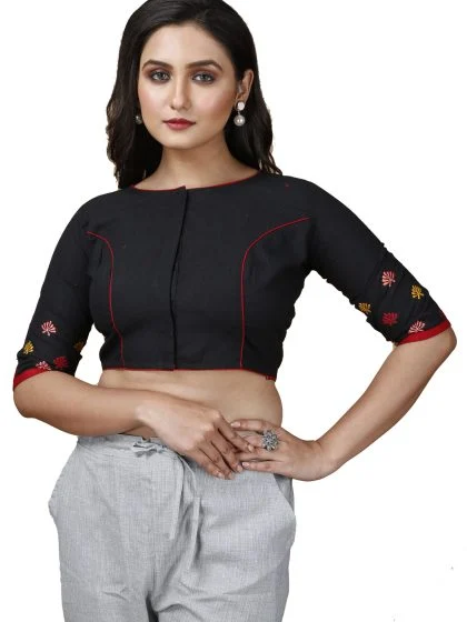 JALPAIBON Round Neck Cotton Blend Women Short Sleeve Blouse In Black-JALPBL-24-02-137
