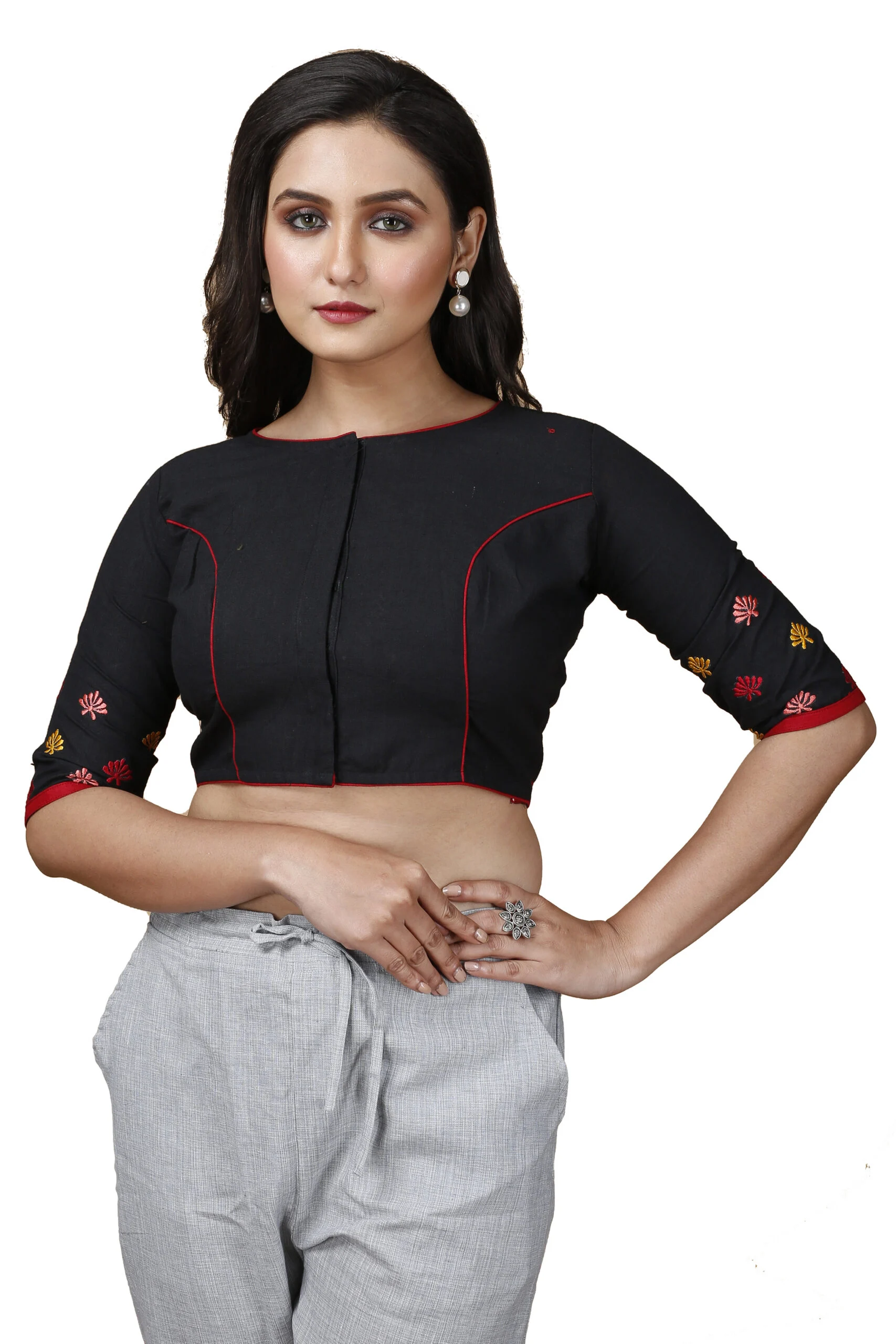 JALPAIBON Round Neck Cotton Blend Women Short Sleeve Blouse In Black-JALPBL-24-02-137