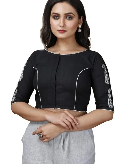 JALPAIBON Boat Neck Cotton Women Short Sleeve Blouse In Black-JALPBL-24-02-138