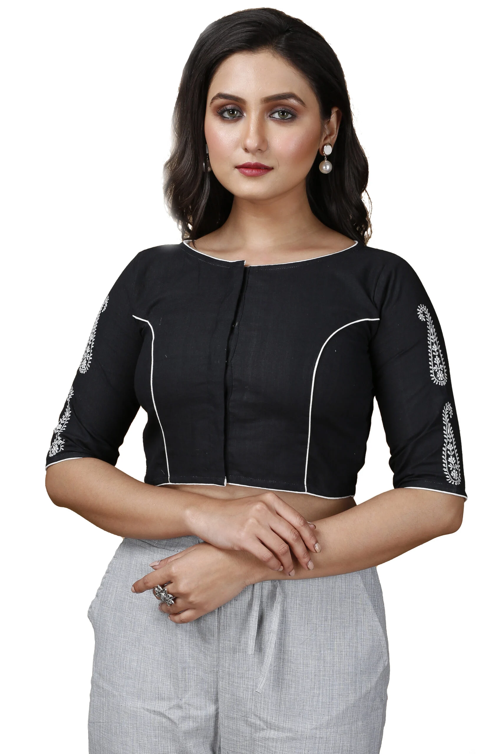 JALPAIBON Boat Neck Cotton Women Short Sleeve Blouse In Black-JALPBL-24-02-138