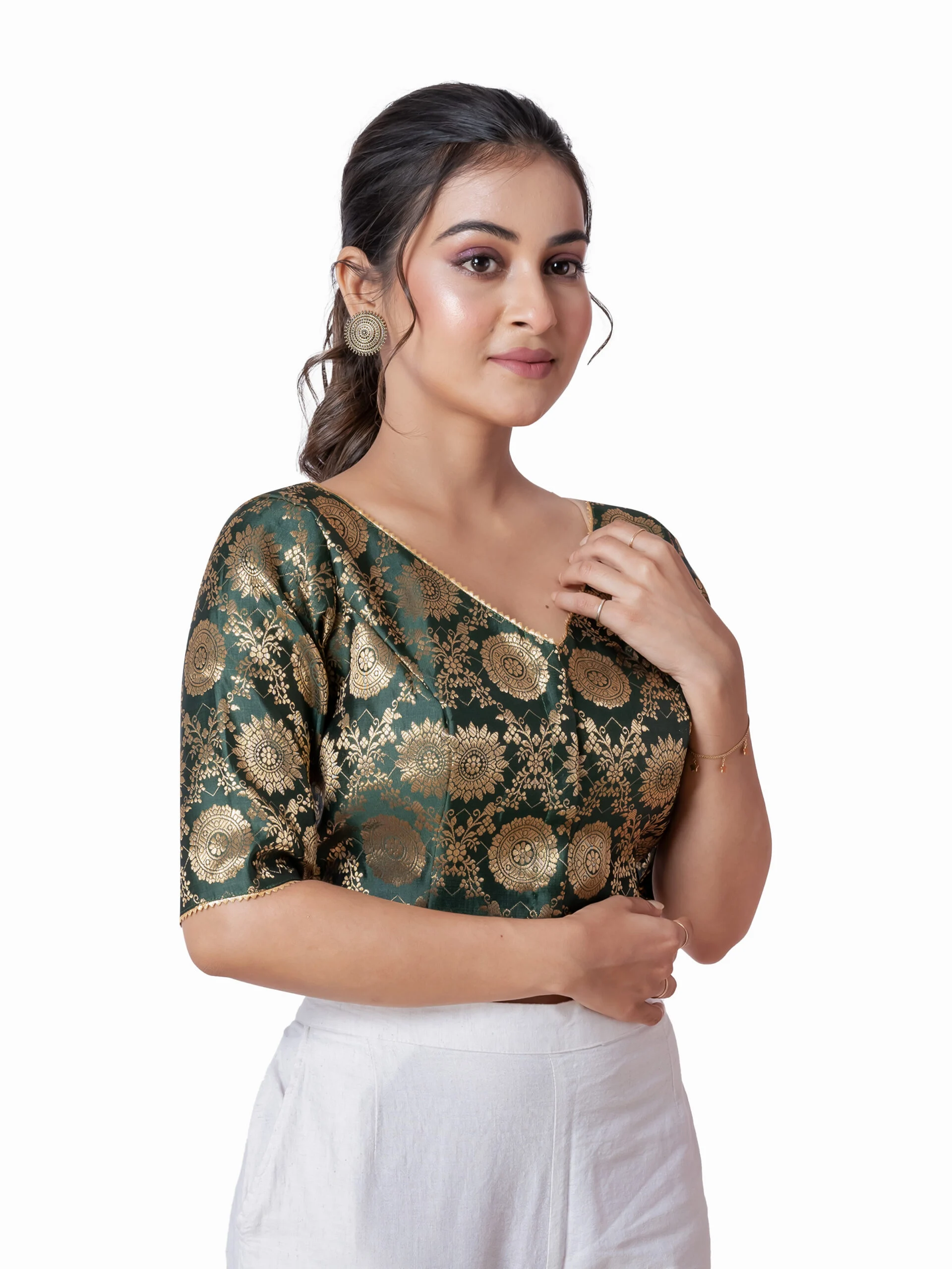 JALPBL-25_08_139-scaled-1.jpg JALPAIBON Green V-Neck Silk Brocade Short Sleeve Blouse for Women