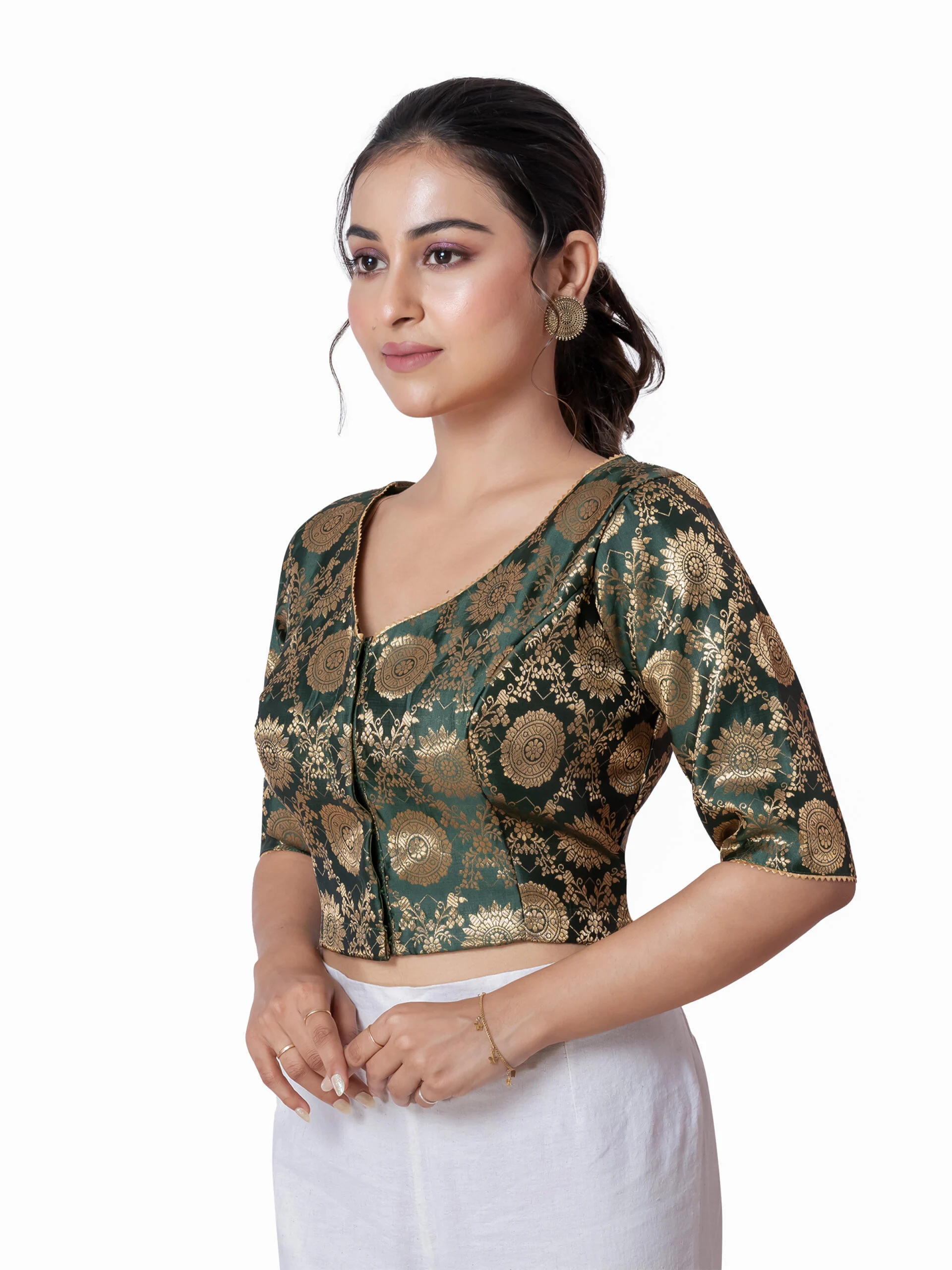 JALPBL-25_08_1391-scaled-1.jpg JALPAIBON Green V-Neck Silk Brocade Short Sleeve Blouse for Women