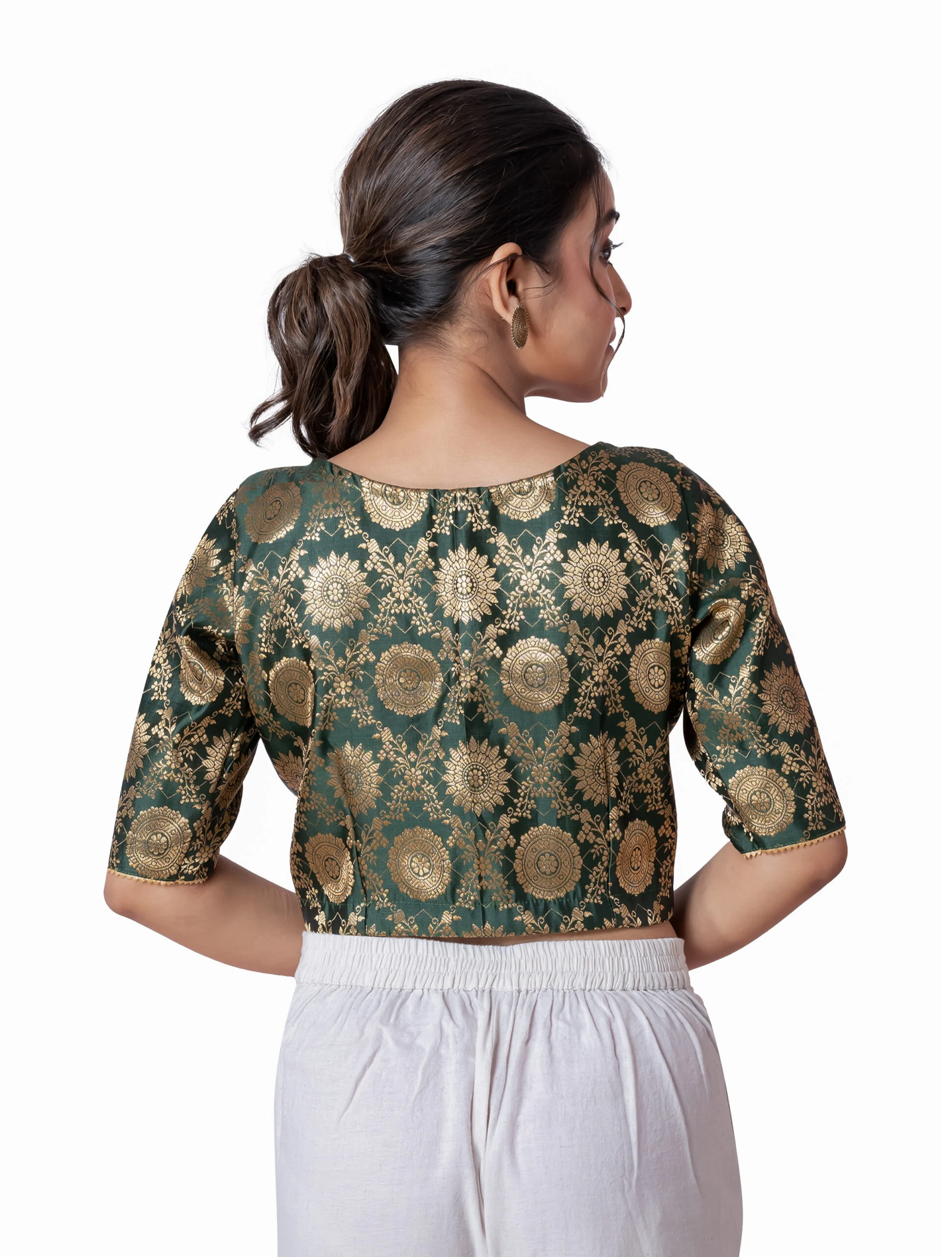 JALPBL-25_08_1392-scaled-1.jpg JALPAIBON Green V-Neck Silk Brocade Short Sleeve Blouse for Women