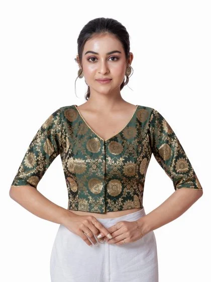 JALPAIBON Green V-Neck Silk Brocade Short Sleeve Blouse for Women