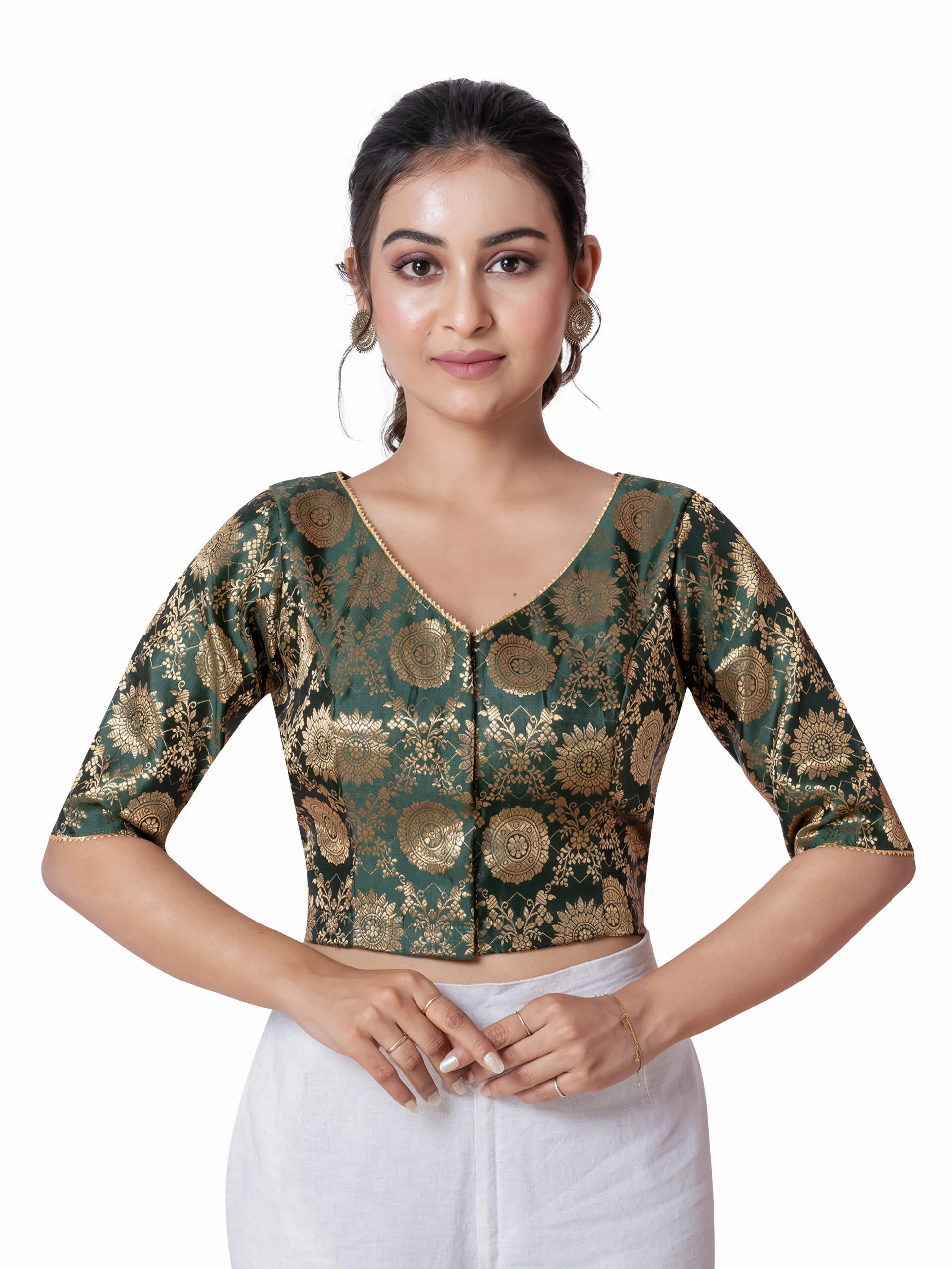 JALPAIBON Green V-Neck Silk Brocade Short Sleeve Blouse for Women