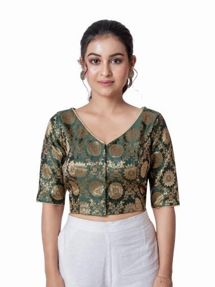 JALPAIBON Green V-Neck Silk Brocade Short Sleeve Blouse for Women