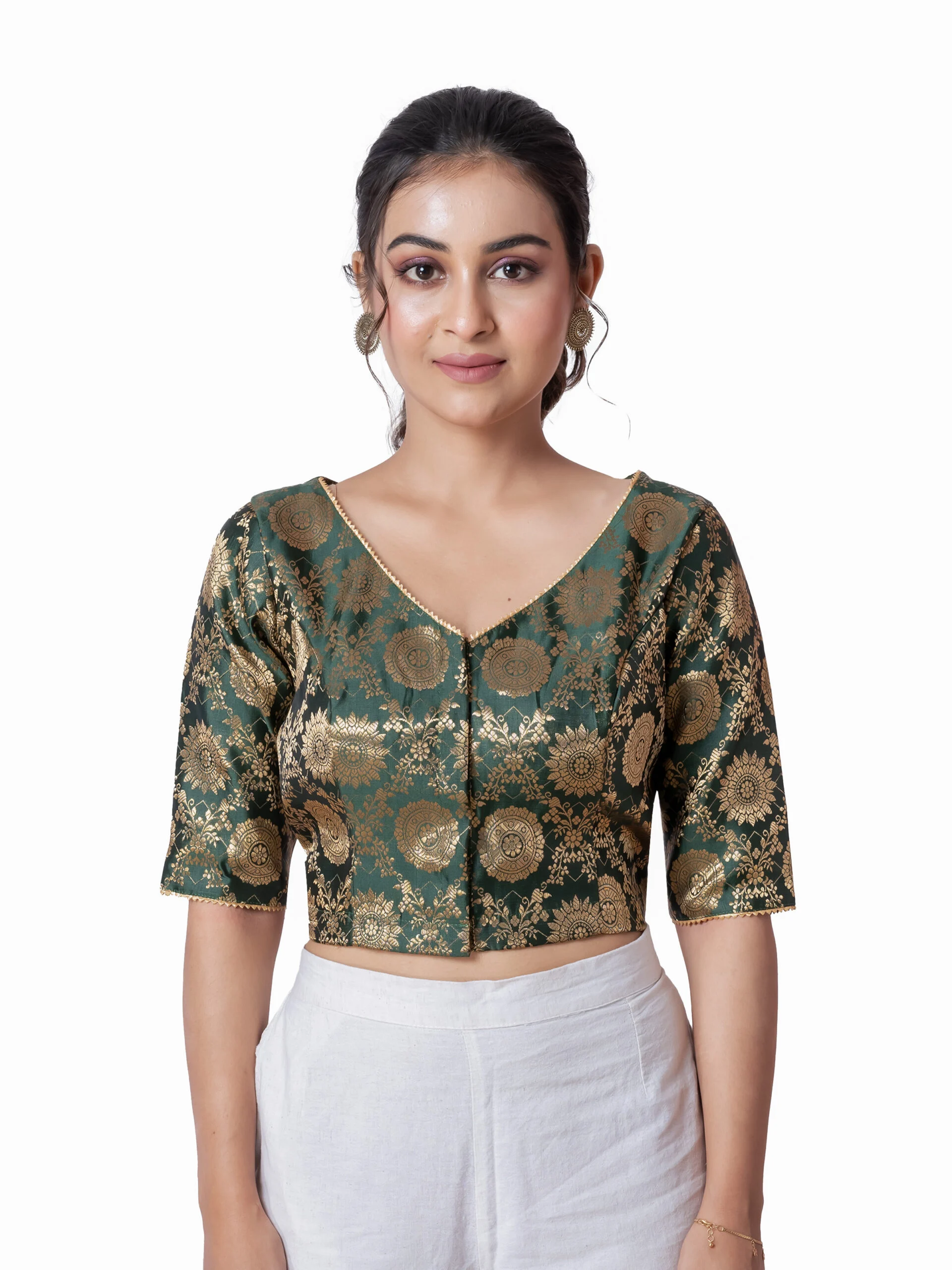 JALPBL-25_08_1394-scaled-1.jpg JALPAIBON Green V-Neck Silk Brocade Short Sleeve Blouse for Women