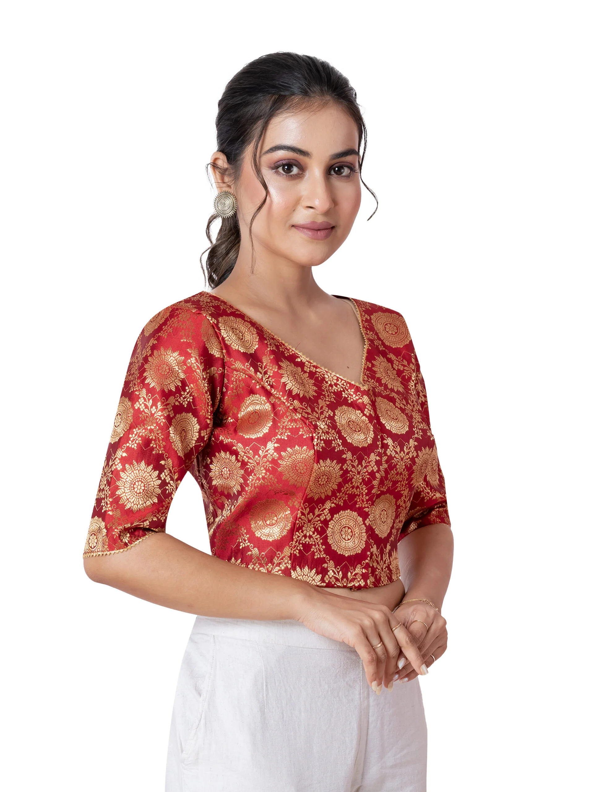 JALPAIBON Red V-Neck Silk Brocade Short Sleeve Blouse for Women