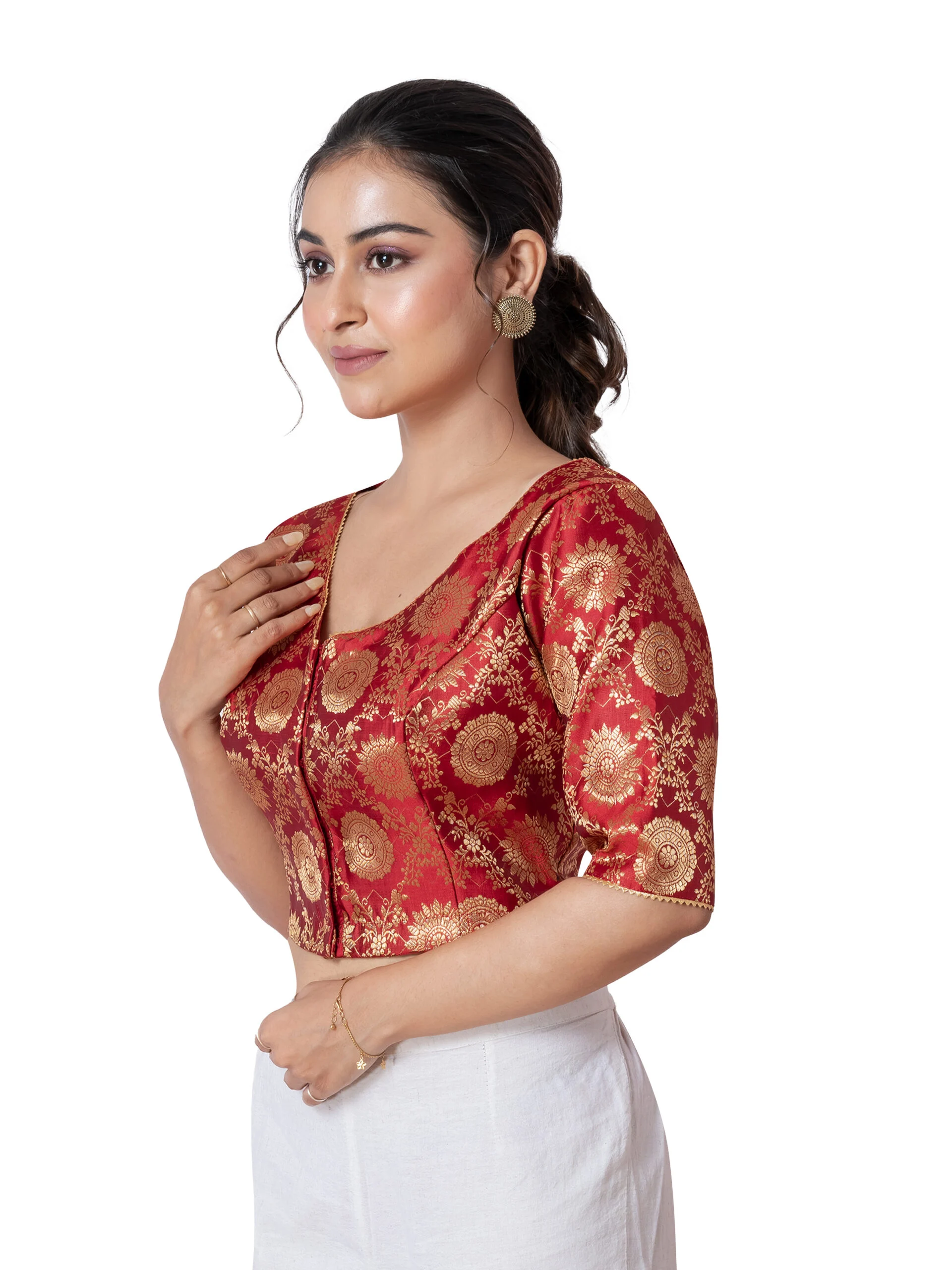 JALPAIBON Red V-Neck Silk Brocade Short Sleeve Blouse for Women
