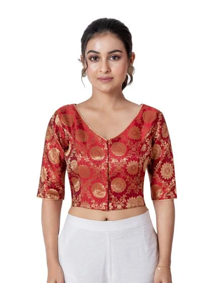 JALPAIBON Red V-Neck Silk Brocade Short Sleeve Blouse for Women