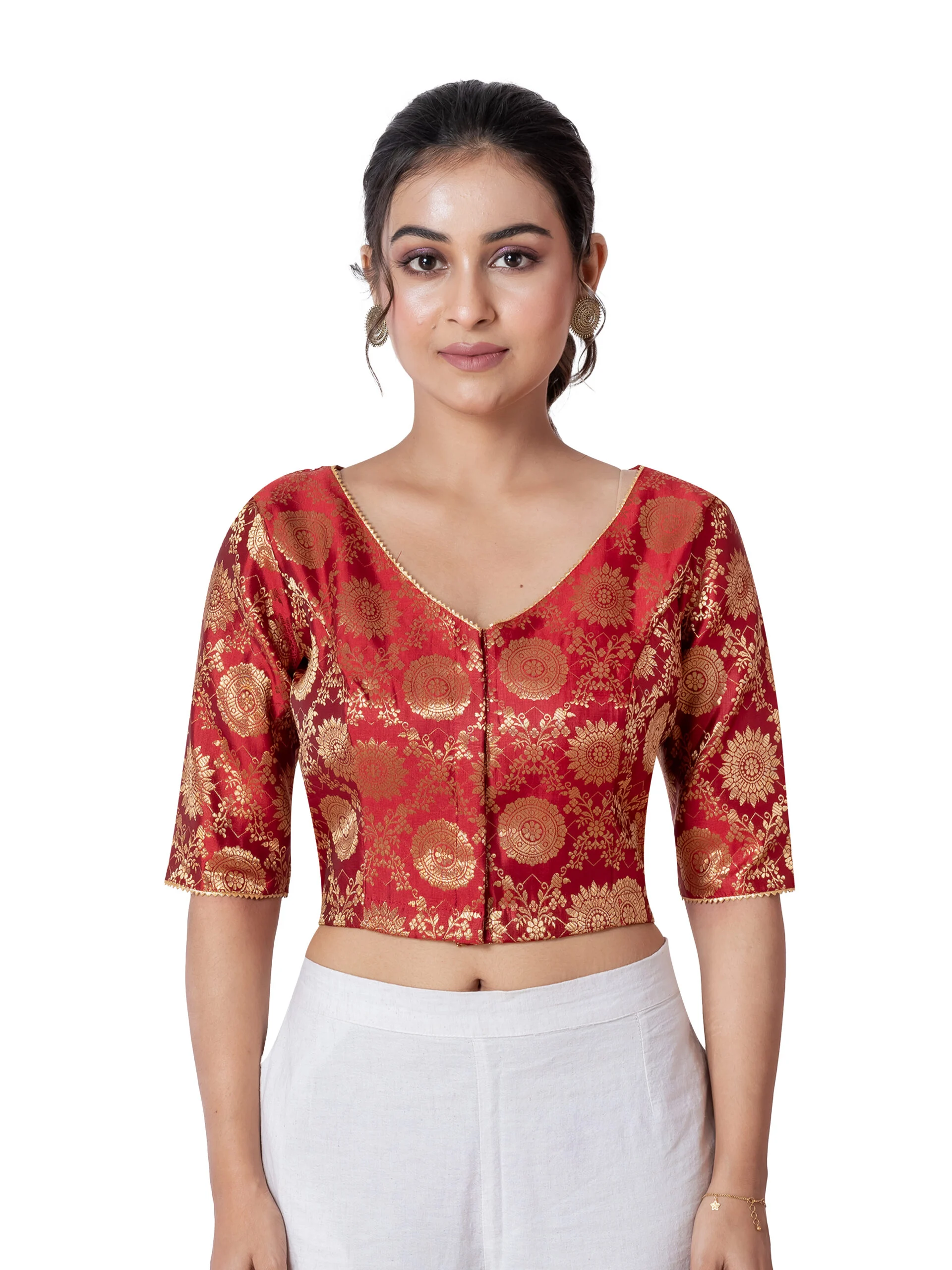 JALPAIBON Red V-Neck Silk Brocade Short Sleeve Blouse for Women
