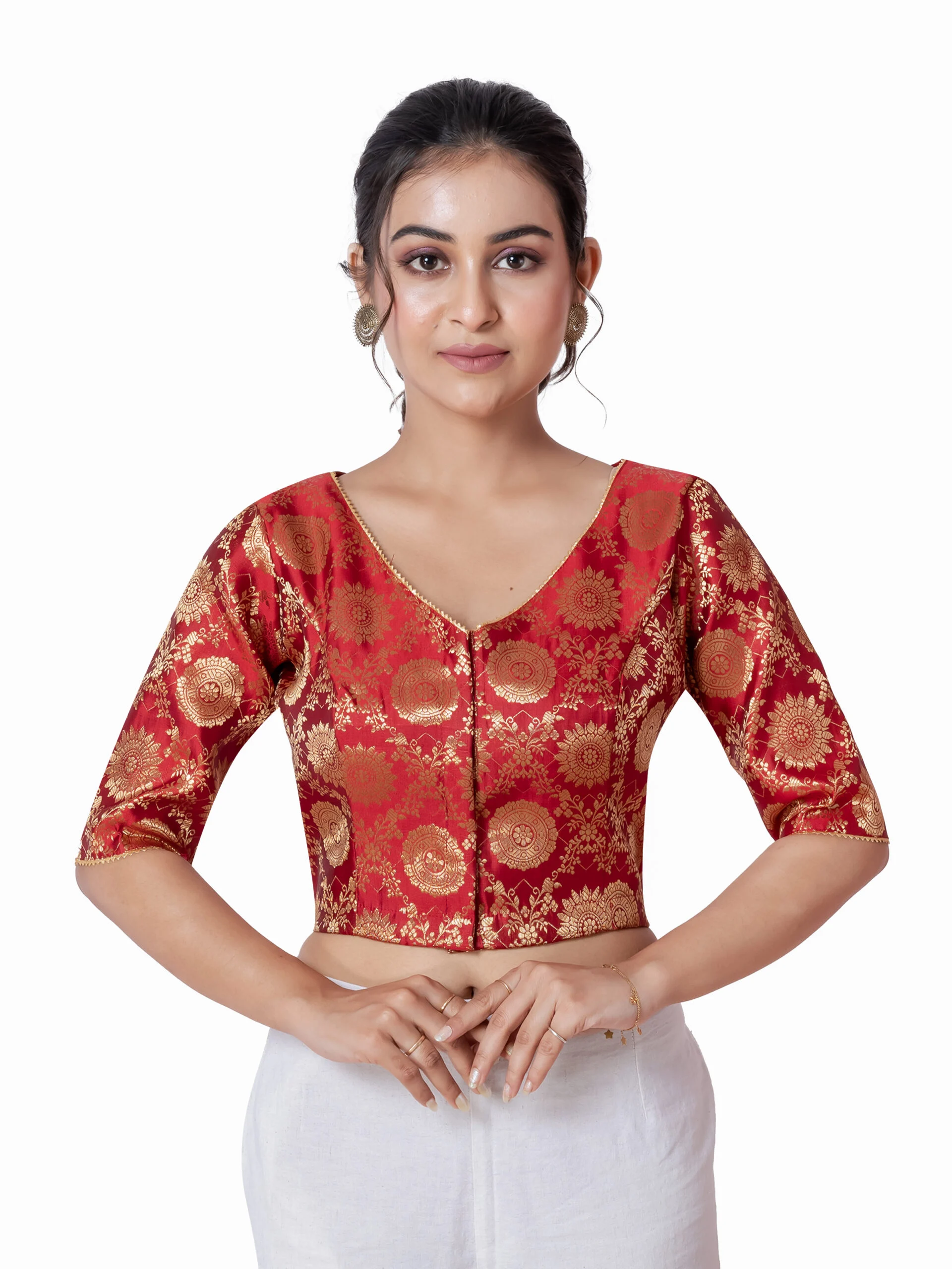 JALPAIBON Red V-Neck Silk Brocade Short Sleeve Blouse for Women
