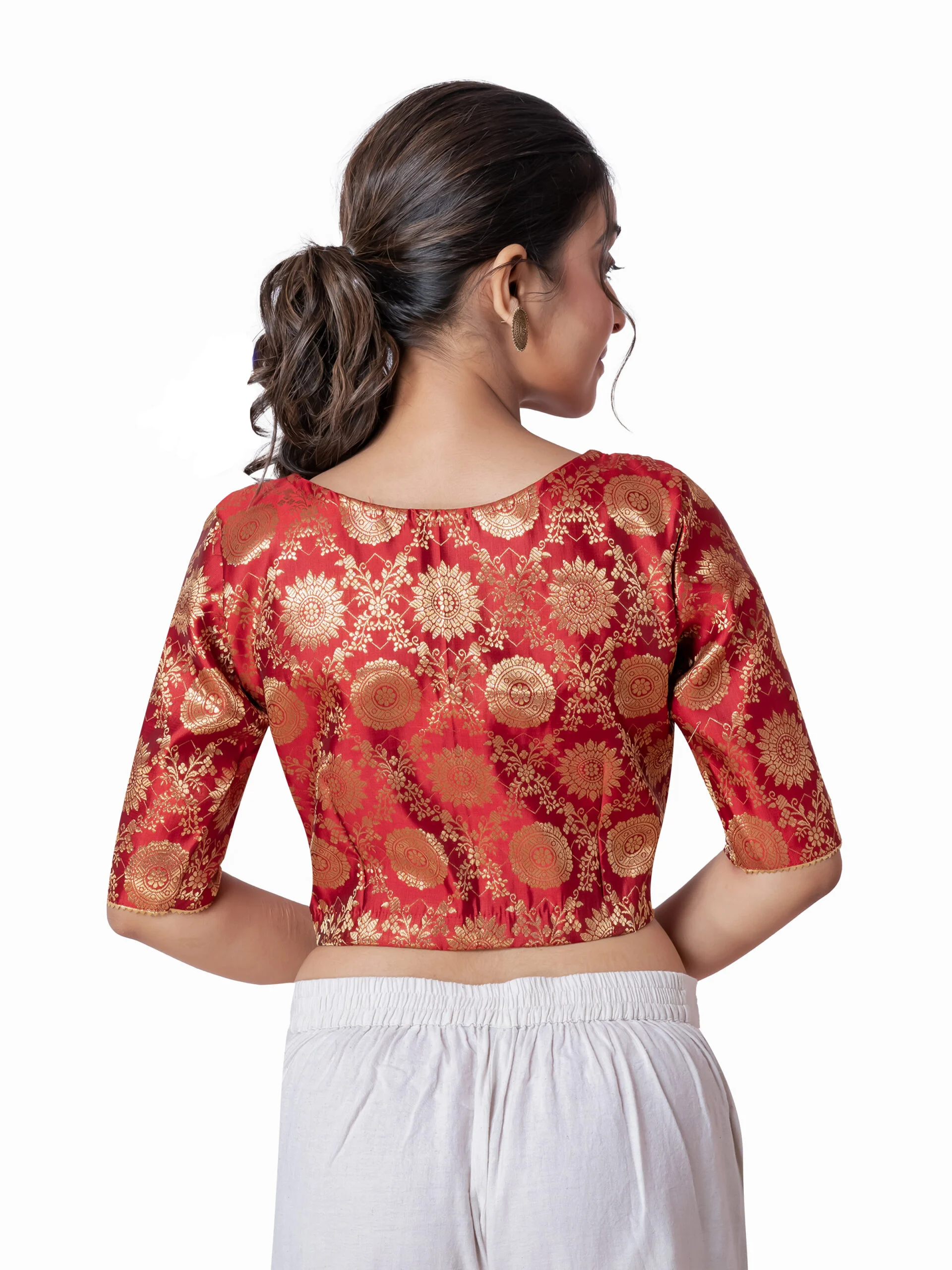 JALPAIBON Red V-Neck Silk Brocade Short Sleeve Blouse for Women