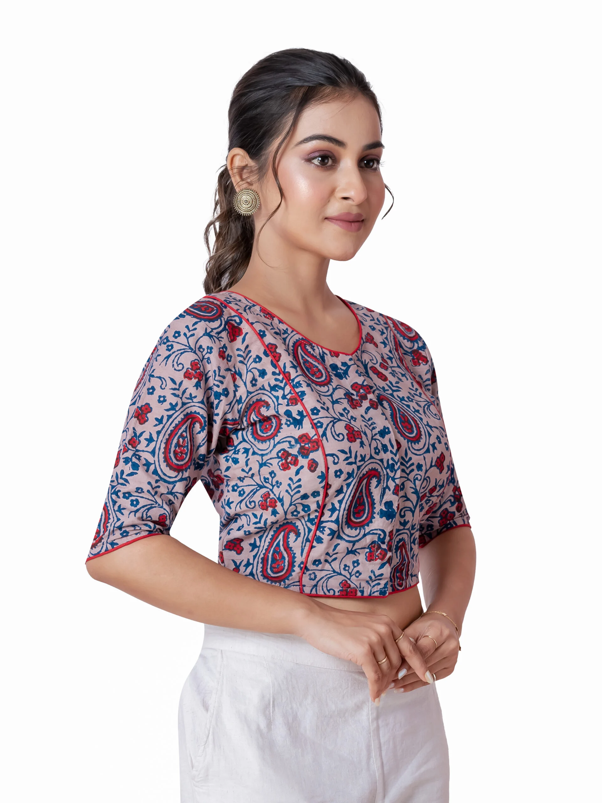 JALPBL-25_08_142-scaled-1.jpg JALPAIBON Beige Paisley Printed Round Neck Style Cotton Short Sleeve Blouse for Women