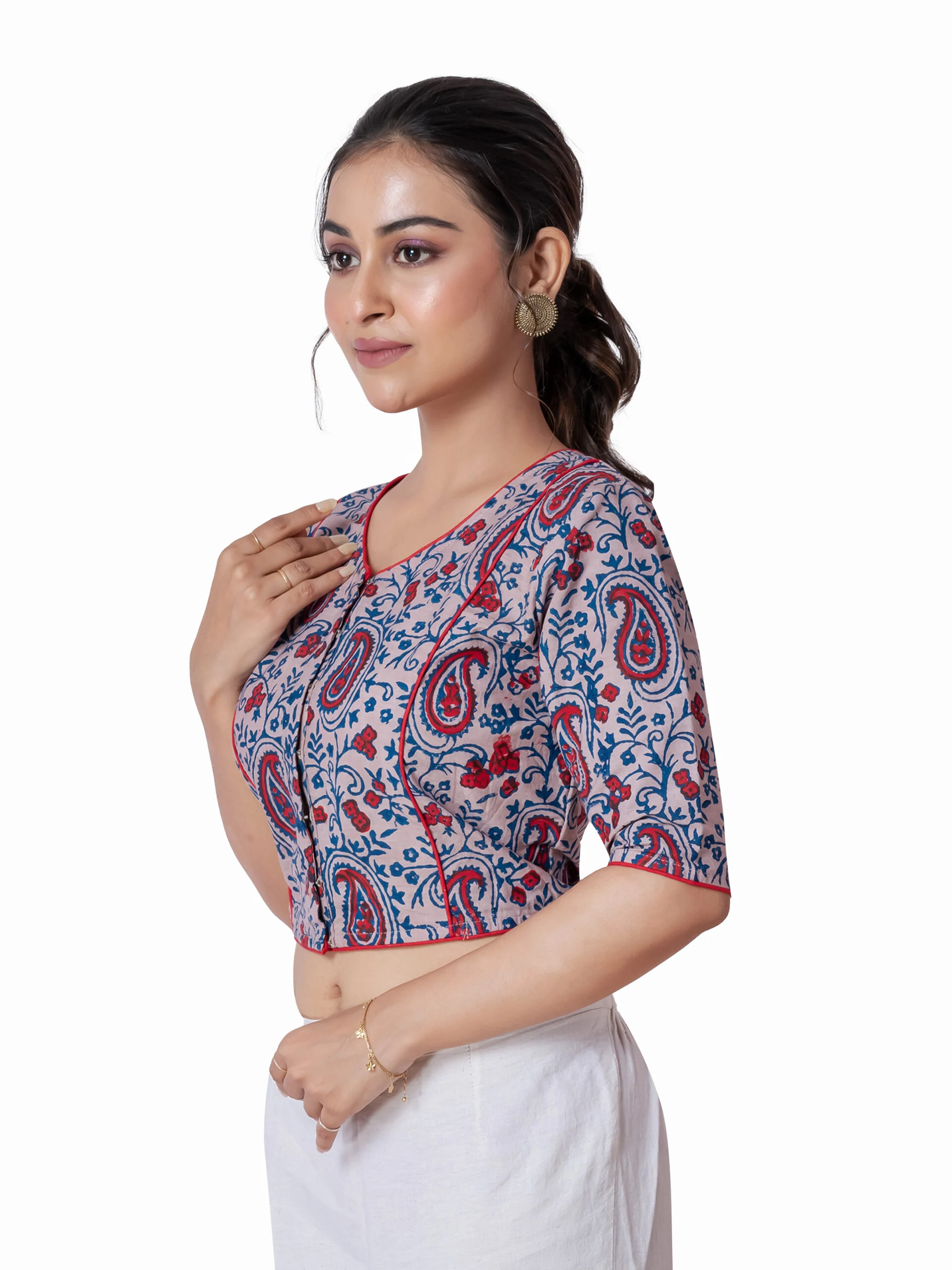 JALPBL-25_08_1421-scaled-1.jpg JALPAIBON Beige Paisley Printed Round Neck Style Cotton Short Sleeve Blouse for Women
