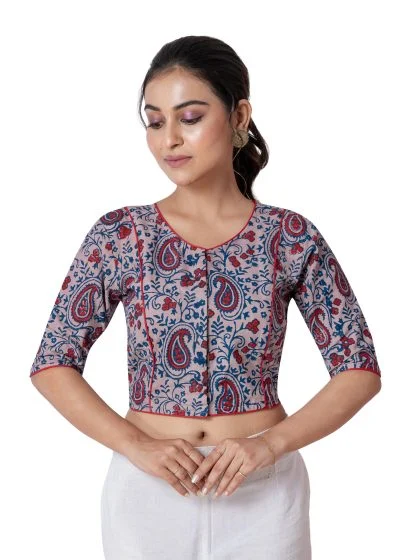 JALPAIBON Beige Paisley Printed Round Neck Style Cotton Short Sleeve Blouse for Women
