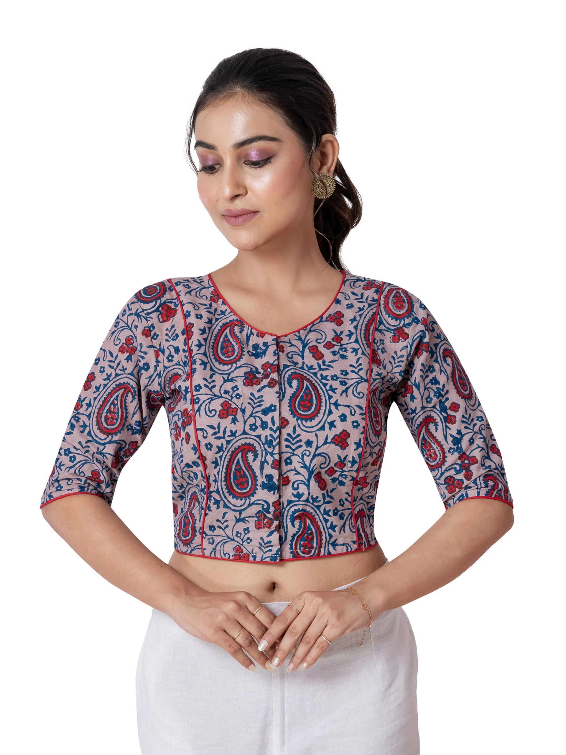 JALPBL-25_08_1422-scaled-1.jpg JALPAIBON Beige Paisley Printed Round Neck Style Cotton Short Sleeve Blouse for Women
