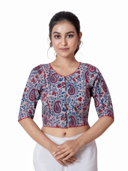 JALPAIBON Beige Paisley Printed Round Neck Style Cotton Short Sleeve Blouse for Women