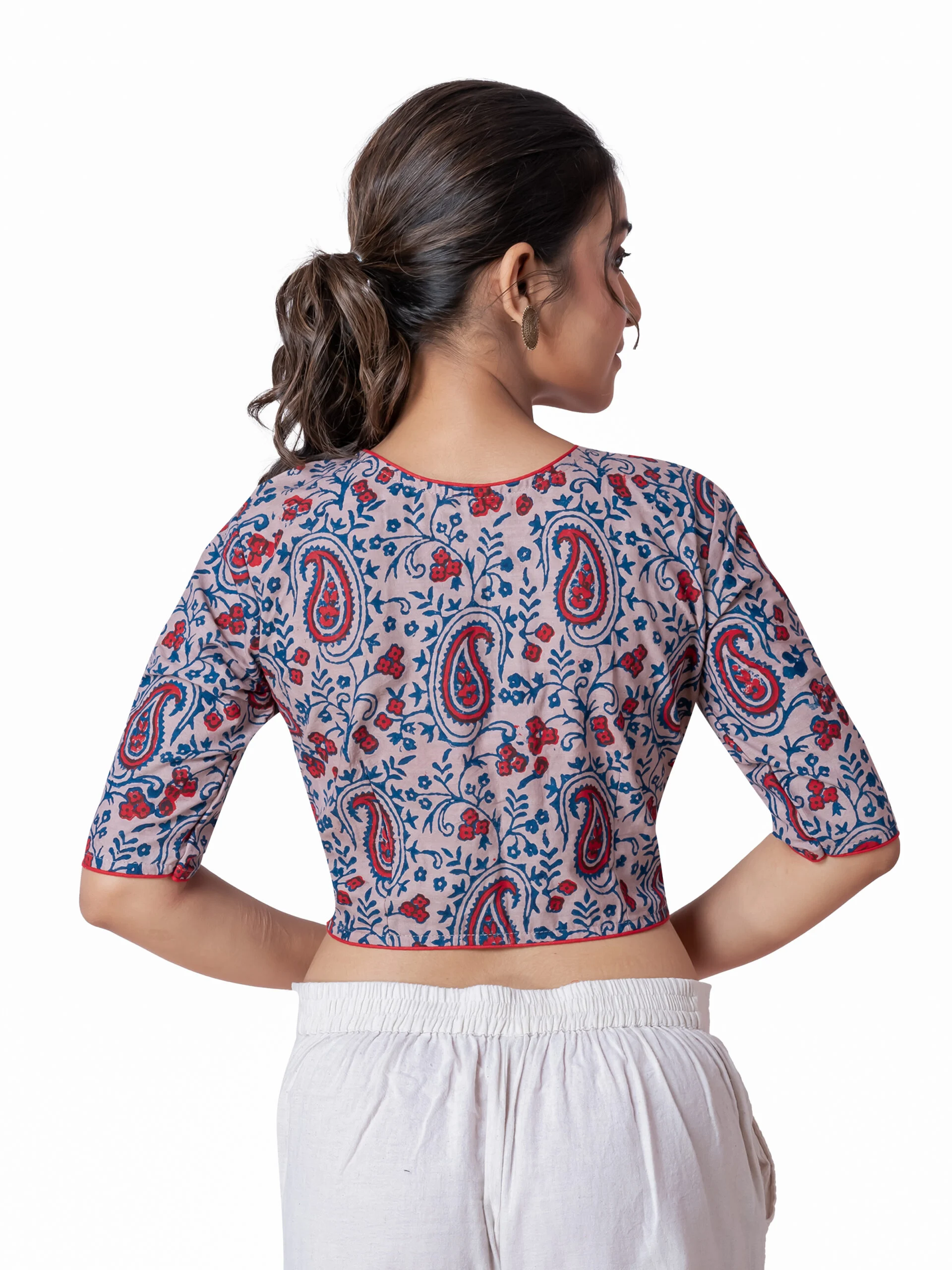 JALPBL-25_08_1424-scaled-1.jpg JALPAIBON Beige Paisley Printed Round Neck Style Cotton Short Sleeve Blouse for Women