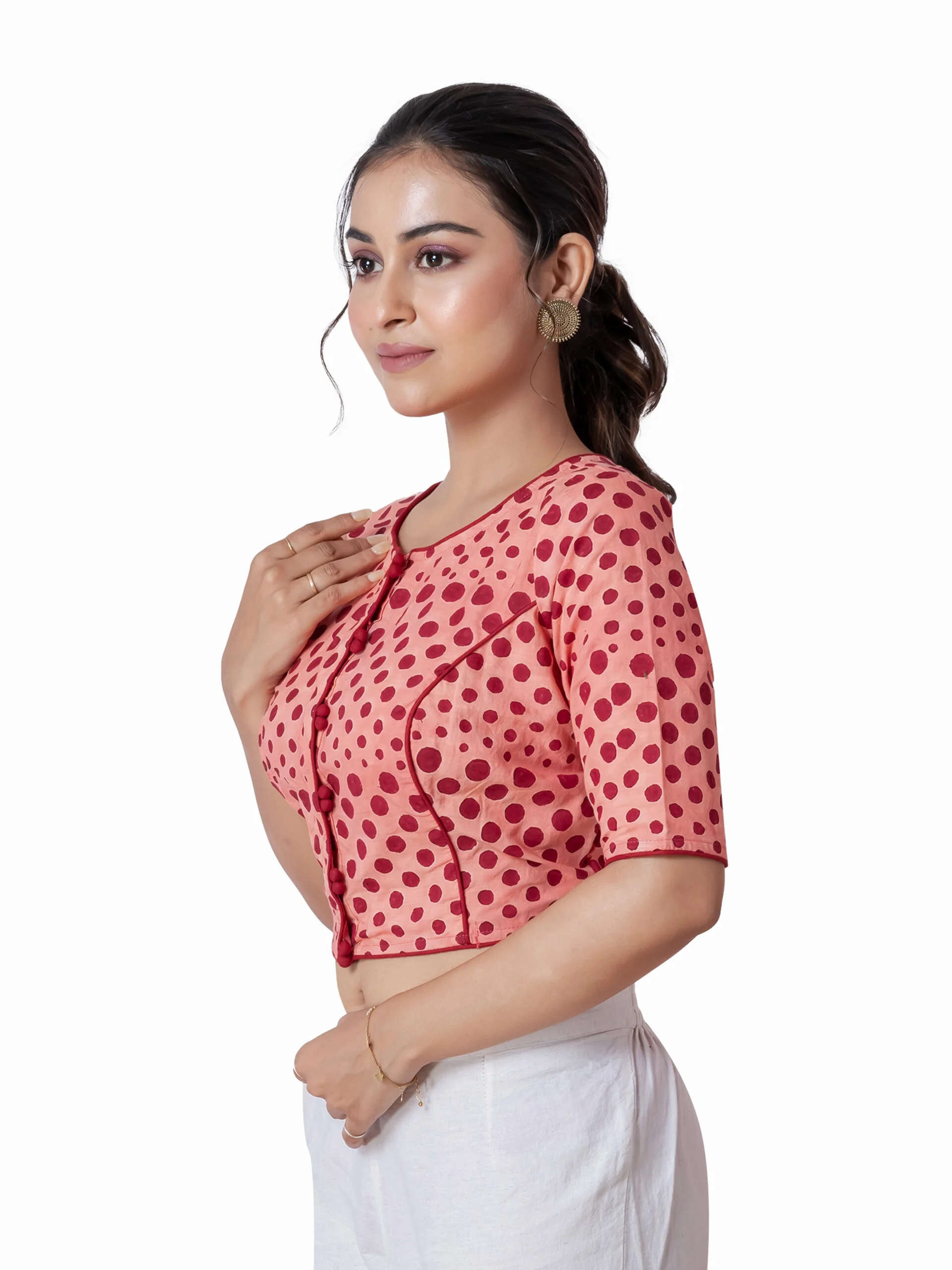JALPBL-25_08_143-scaled-1.jpg JALPAIBON Stylish Peach Round Neck Cotton Short Sleeve Polka Printed Designer Blouse for Women