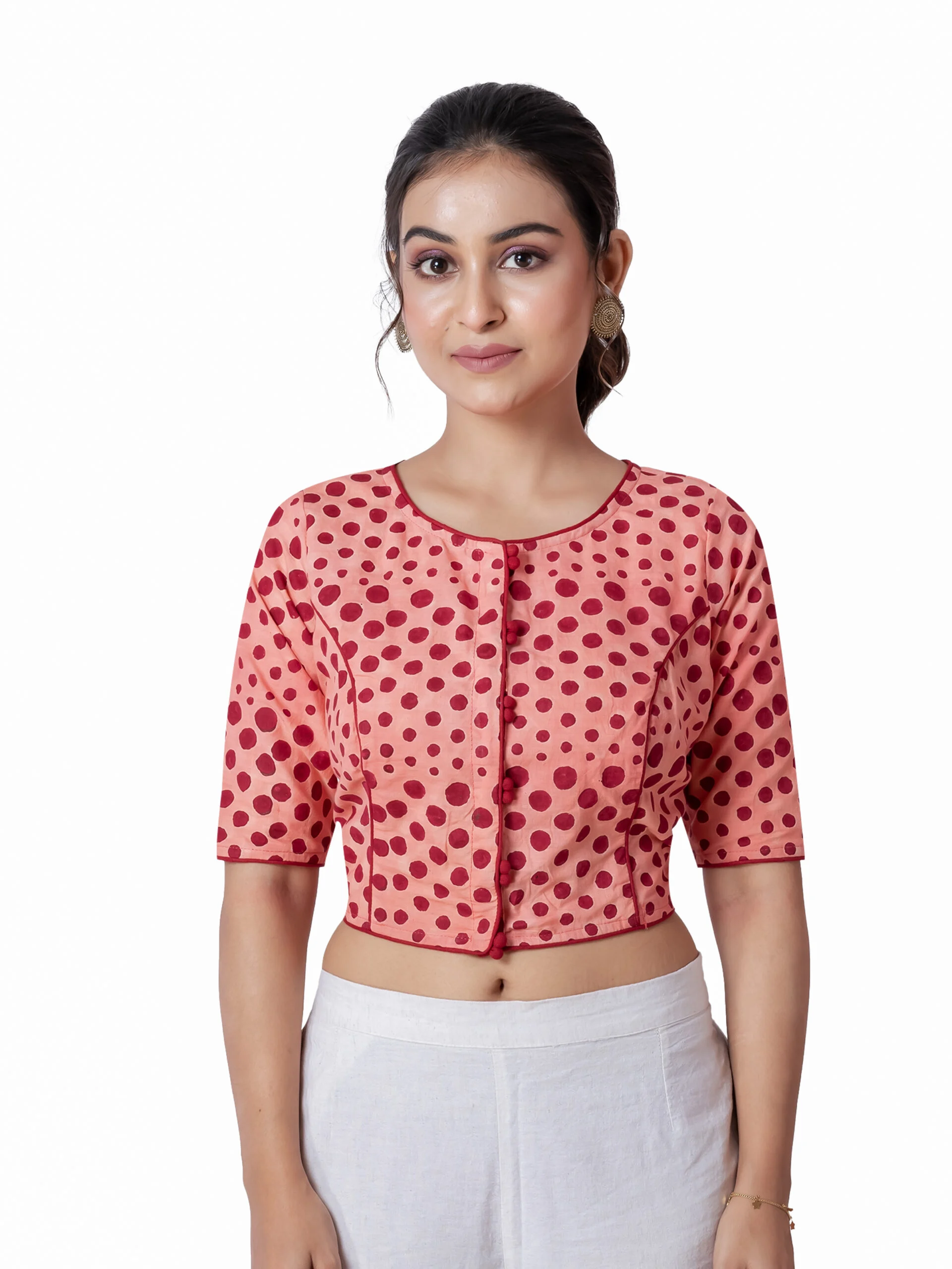 JALPAIBON Stylish Peach Round Neck Cotton Short Sleeve Polka Printed Designer Blouse for Women
