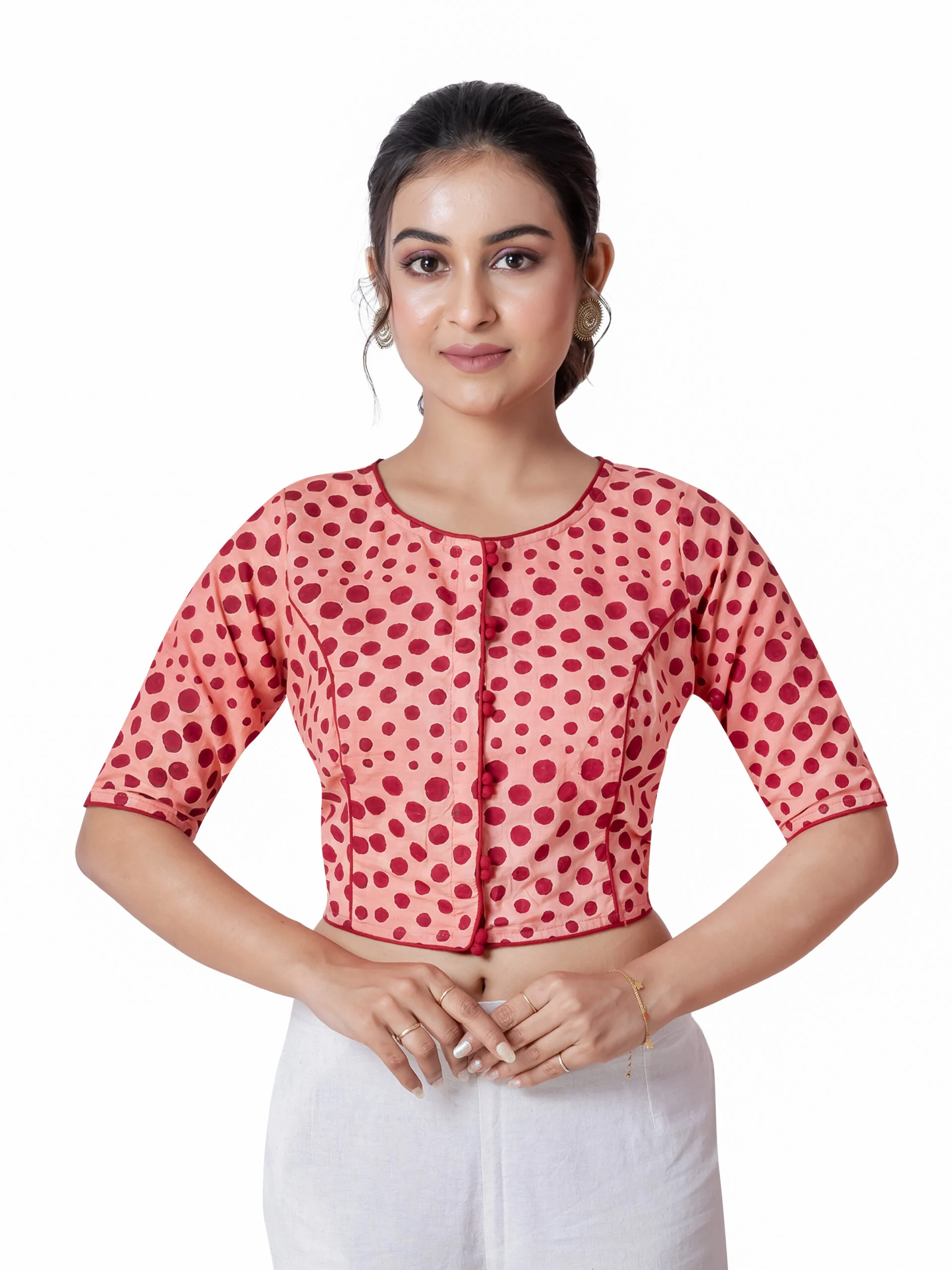 JALPBL-25_08_1432-scaled-1.jpg JALPAIBON Stylish Peach Round Neck Cotton Short Sleeve Polka Printed Designer Blouse for Women