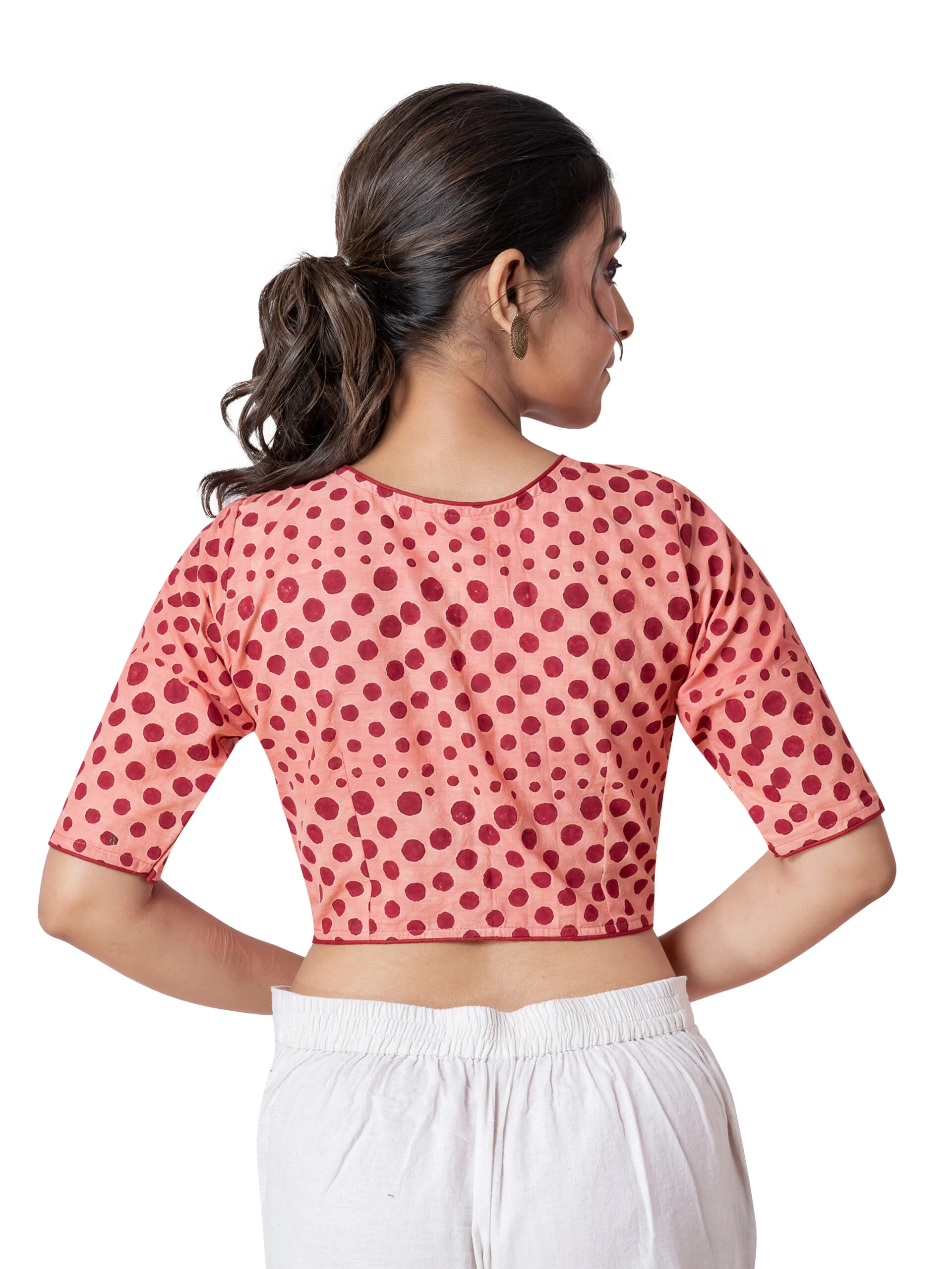 JALPBL-25_08_1433-scaled-1.jpg JALPAIBON Stylish Peach Round Neck Cotton Short Sleeve Polka Printed Designer Blouse for Women