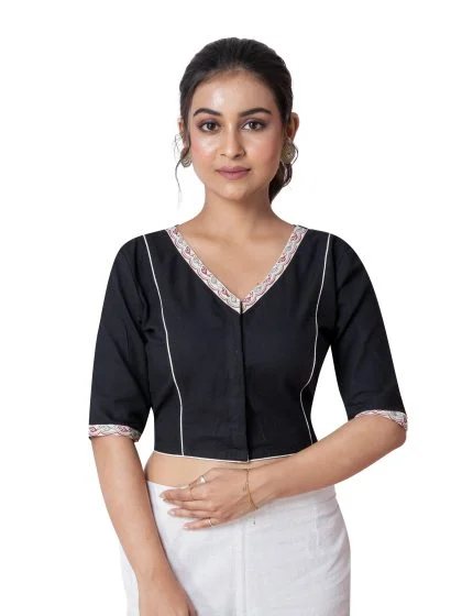 JALPAIBON Elegant Black V-Neck Cotton Short Sleeve Designer Blouse for Women