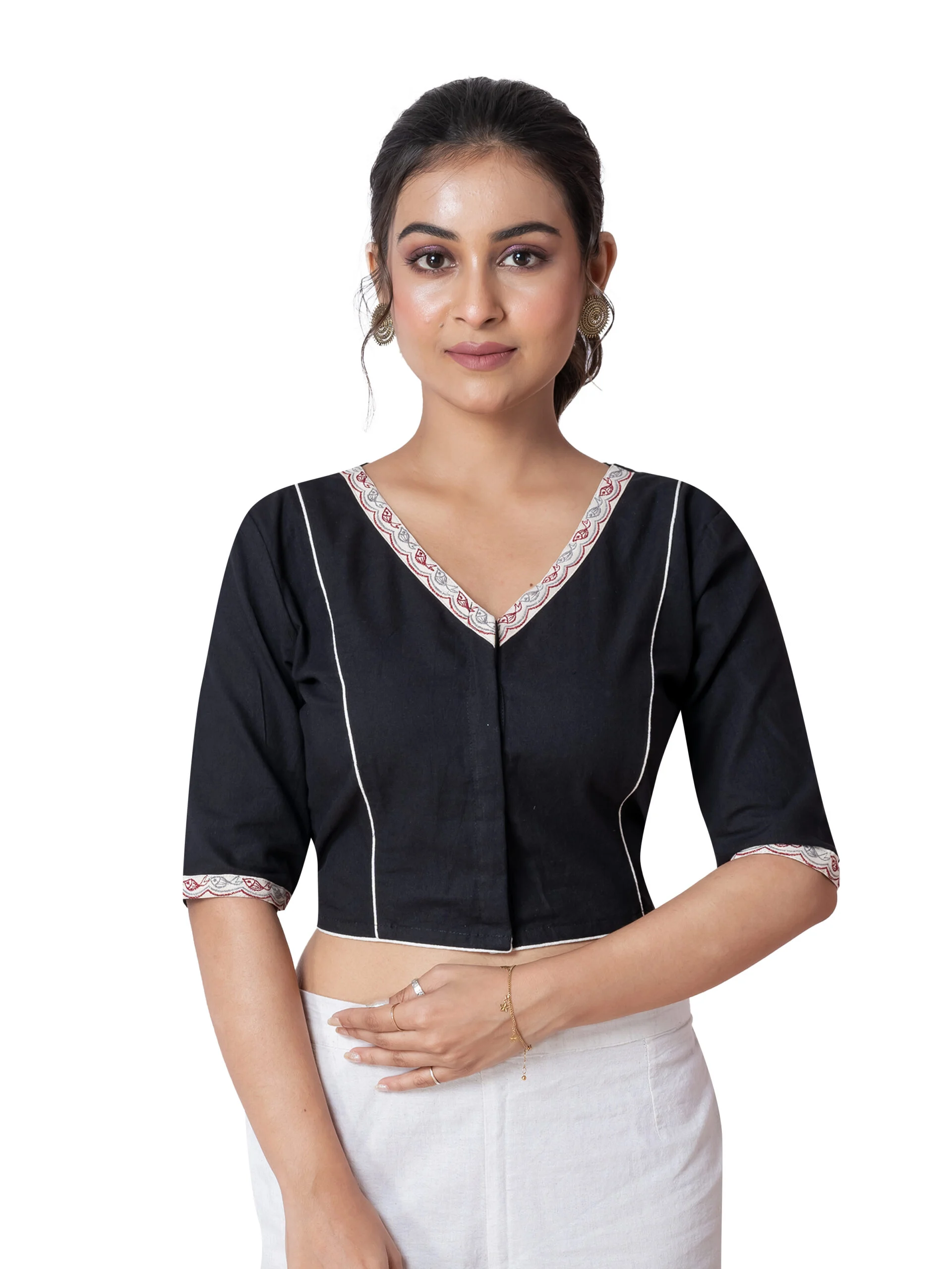JALPBL-25_08_1442-scaled-1.jpg JALPAIBON Elegant Black V-Neck Cotton Short Sleeve Designer Blouse for Women