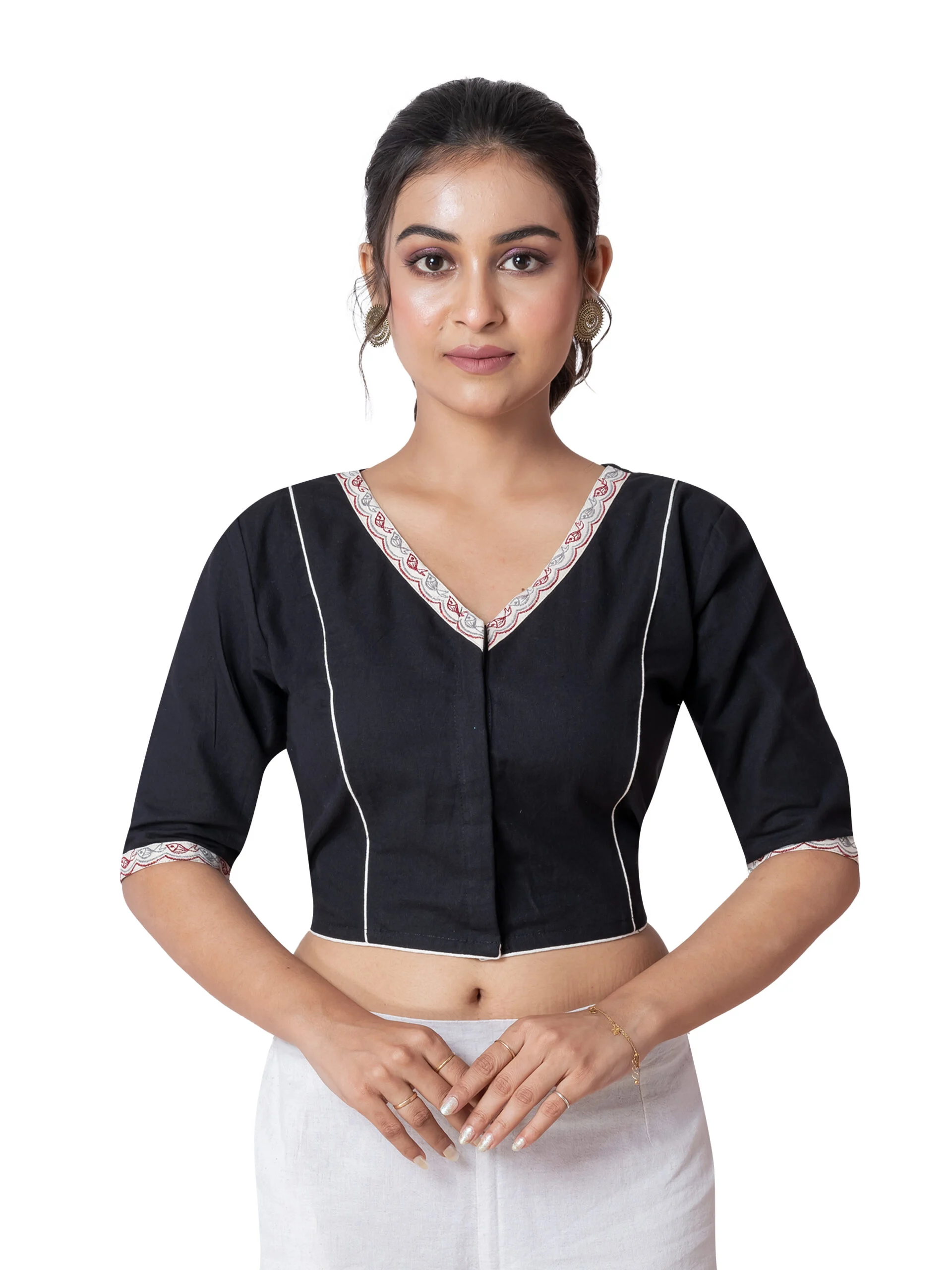 JALPAIBON Elegant Black V-Neck Cotton Short Sleeve Designer Blouse for Women