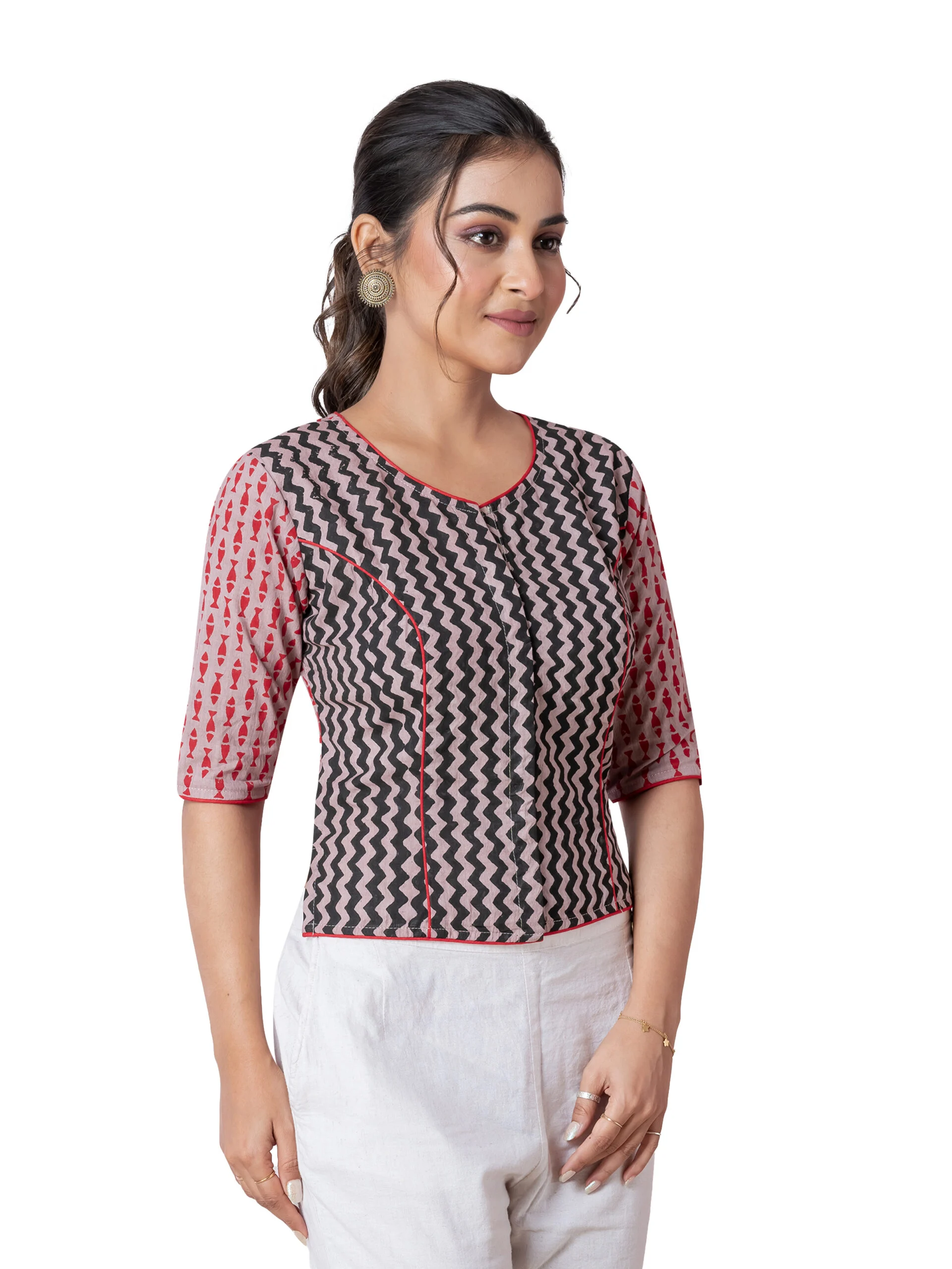 JALPAIBON Ethnic Beige Zigzag Print Cotton V-Neck Short Sleeve Designer Blouse for Women