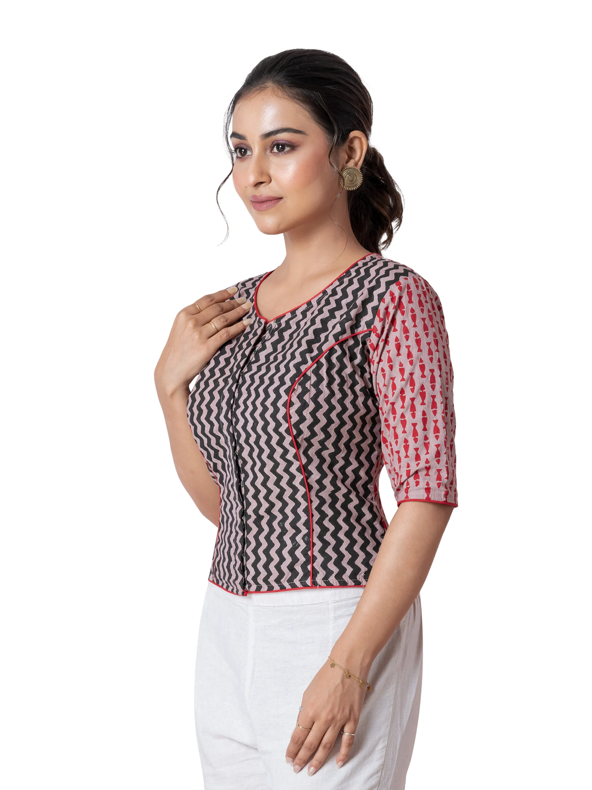 JALPAIBON Ethnic Beige Zigzag Print Cotton V-Neck Short Sleeve Designer Blouse for Women