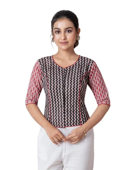 JALPAIBON Ethnic Beige Zigzag Print Cotton V-Neck Short Sleeve Designer Blouse for Women