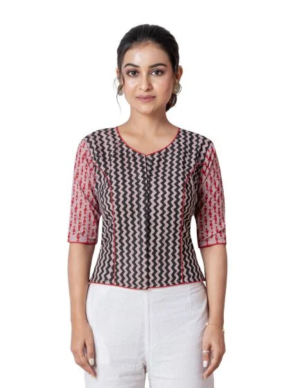JALPAIBON Ethnic Beige Zigzag Print Cotton V-Neck Short Sleeve Designer Blouse for Women