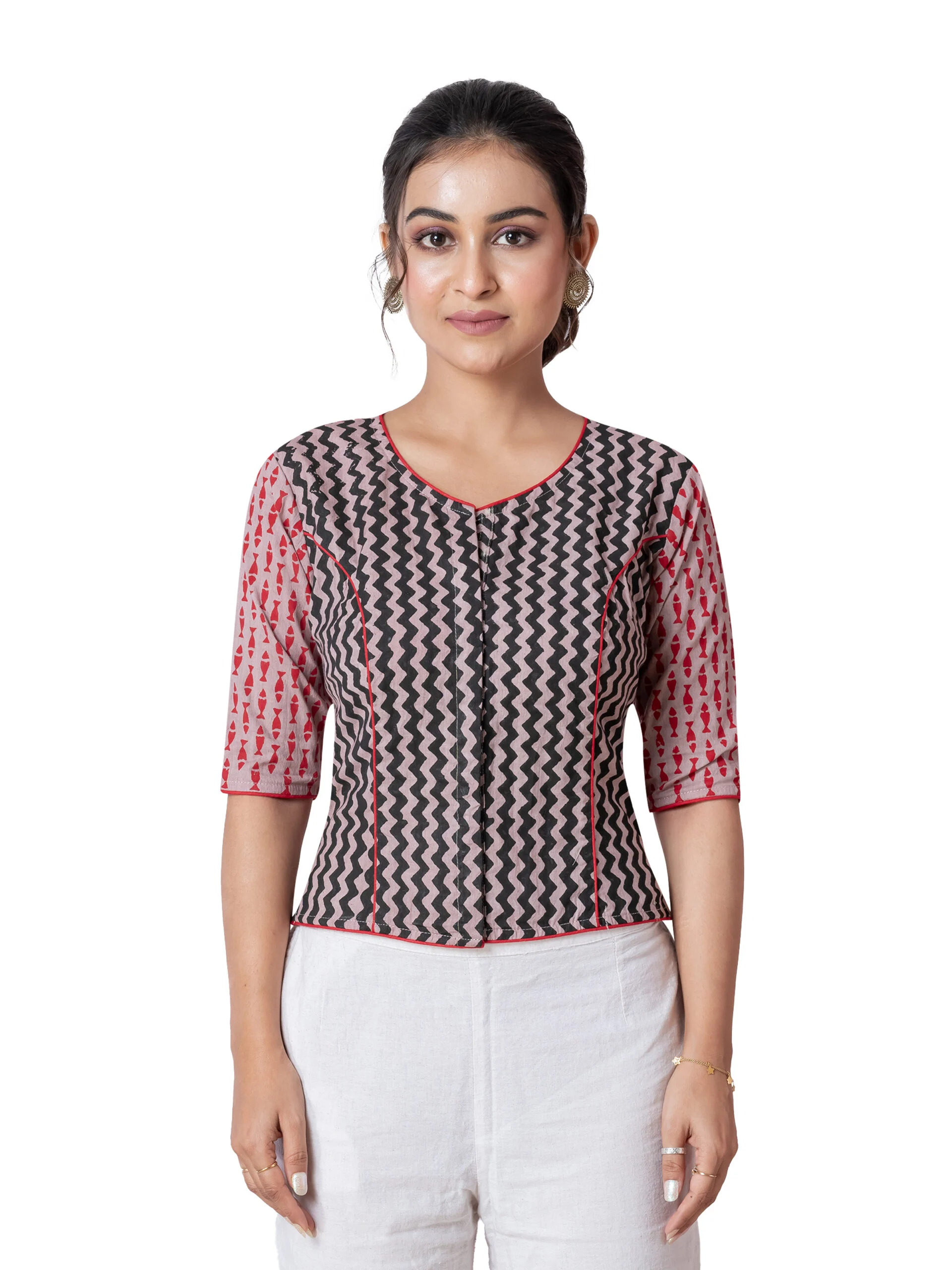JALPAIBON Ethnic Beige Zigzag Print Cotton V-Neck Short Sleeve Designer Blouse for Women