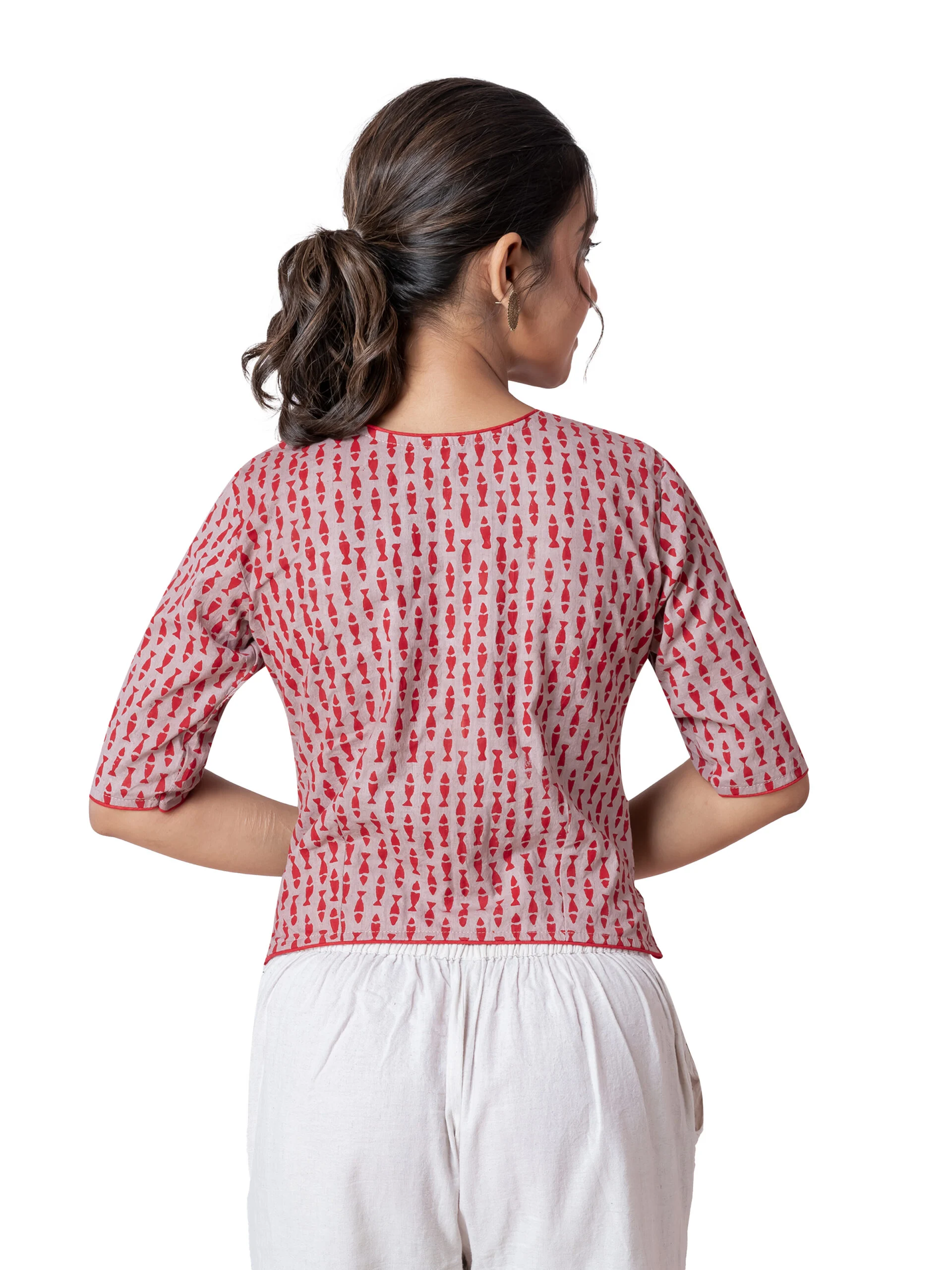 JALPAIBON Ethnic Beige Zigzag Print Cotton V-Neck Short Sleeve Designer Blouse for Women