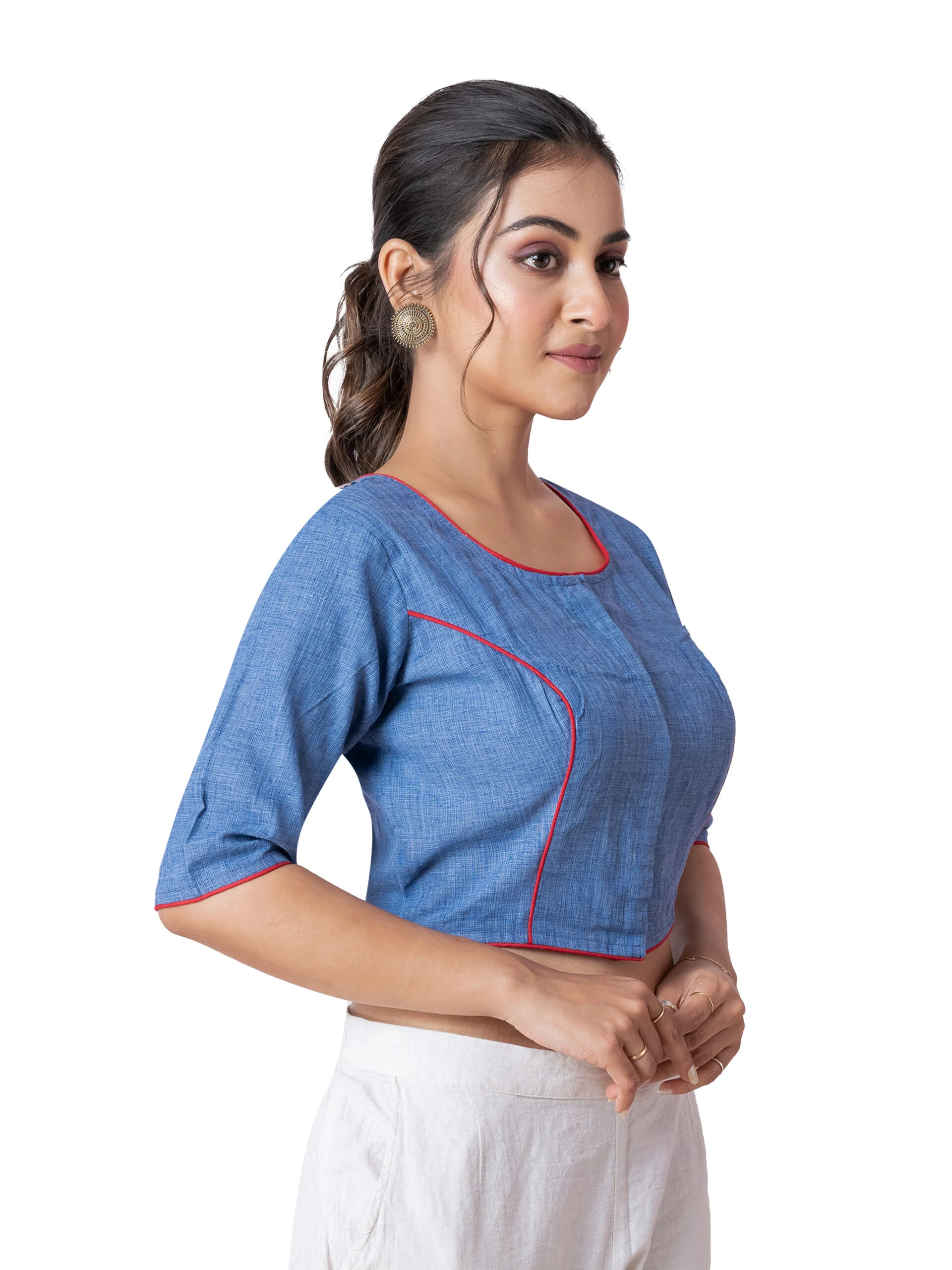 JALPAIBON Elegant Blue Stylish Round Neck Cotton Designer Short Sleeve Blouse for Women
