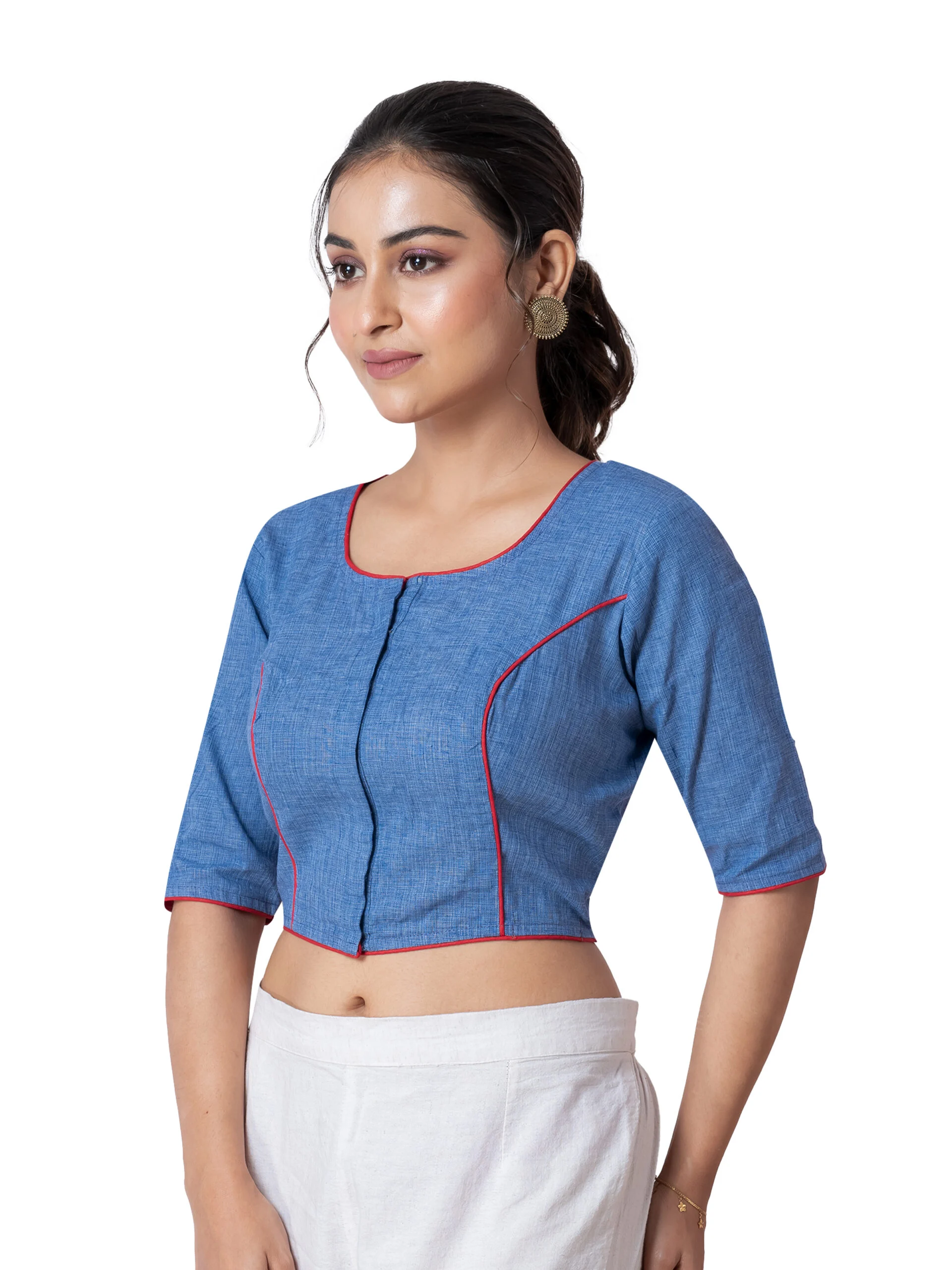 JALPAIBON Elegant Blue Stylish Round Neck Cotton Designer Short Sleeve Blouse for Women
