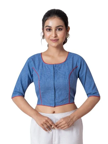 JALPAIBON Elegant Blue Stylish Round Neck Cotton Designer Short Sleeve Blouse for Women