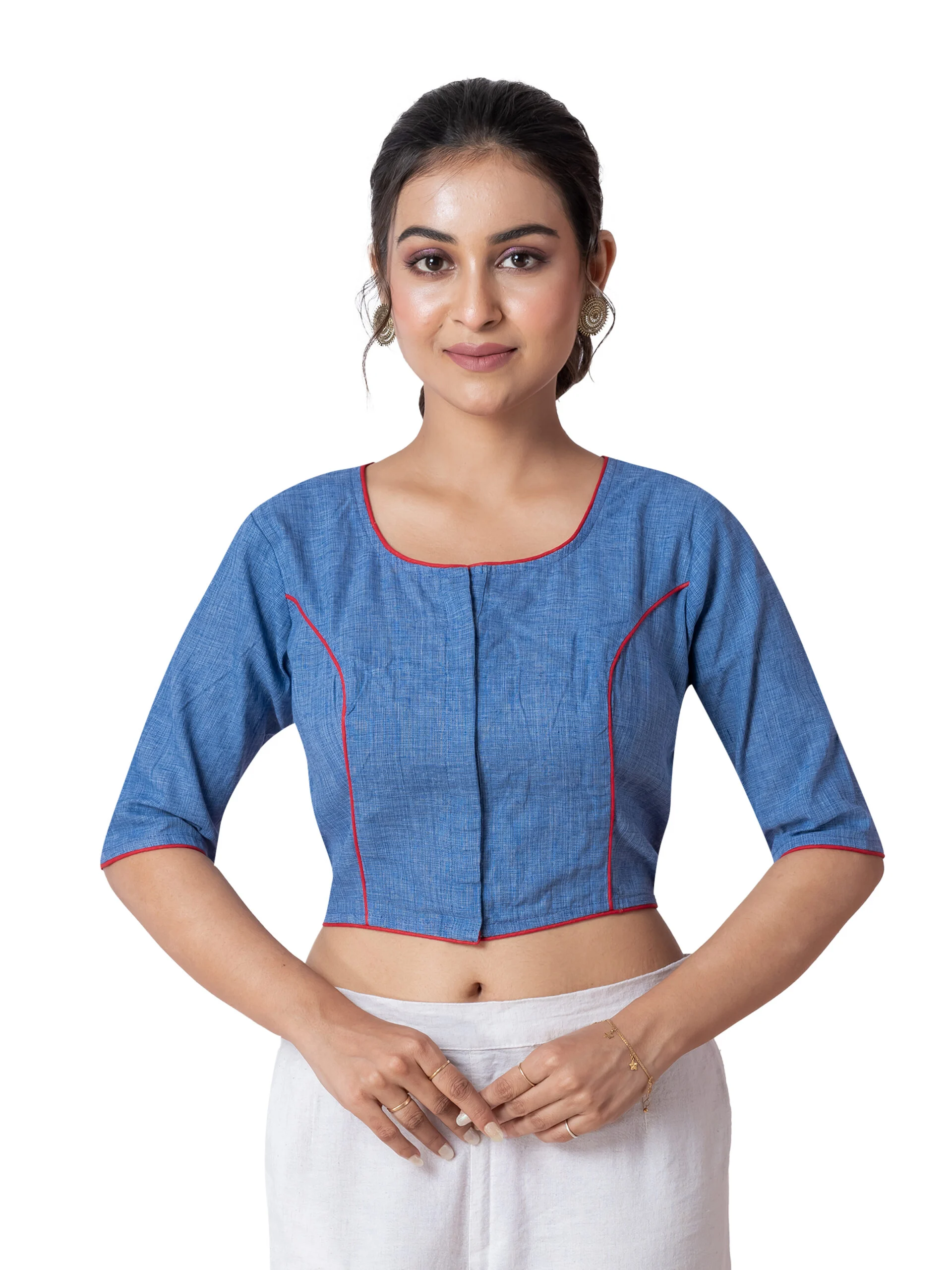 JALPAIBON Elegant Blue Stylish Round Neck Cotton Designer Short Sleeve Blouse for Women