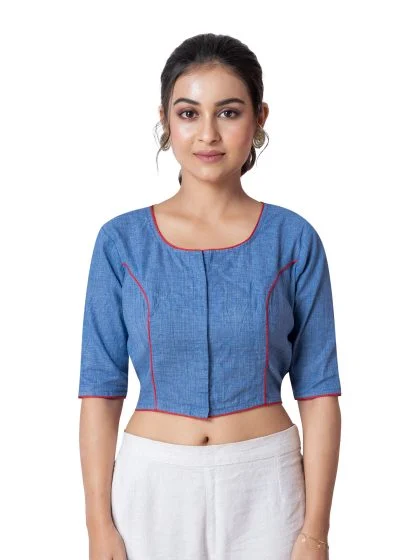 JALPAIBON Elegant Blue Stylish Round Neck Cotton Designer Short Sleeve Blouse for Women