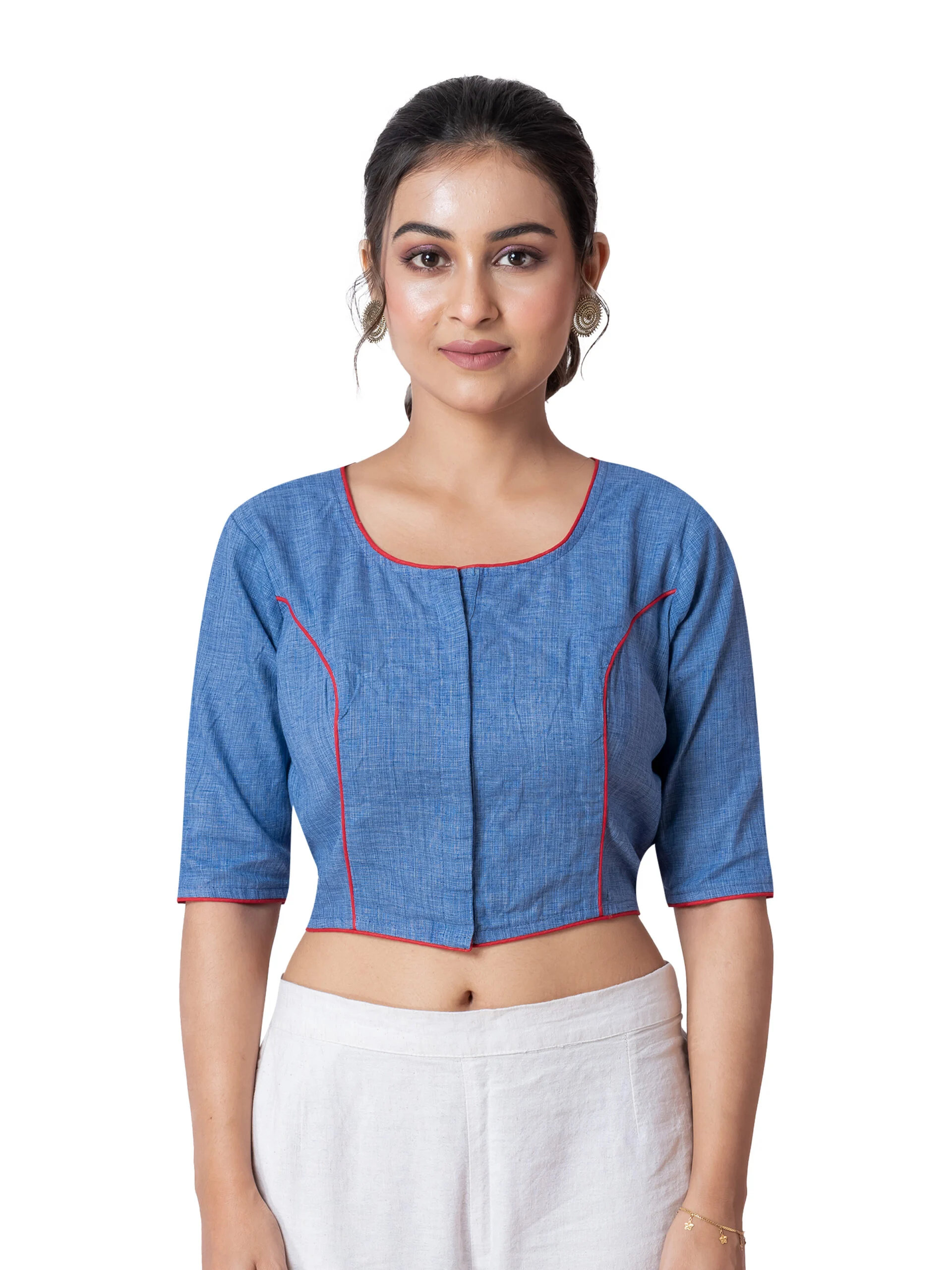 JALPAIBON Elegant Blue Stylish Round Neck Cotton Designer Short Sleeve Blouse for Women