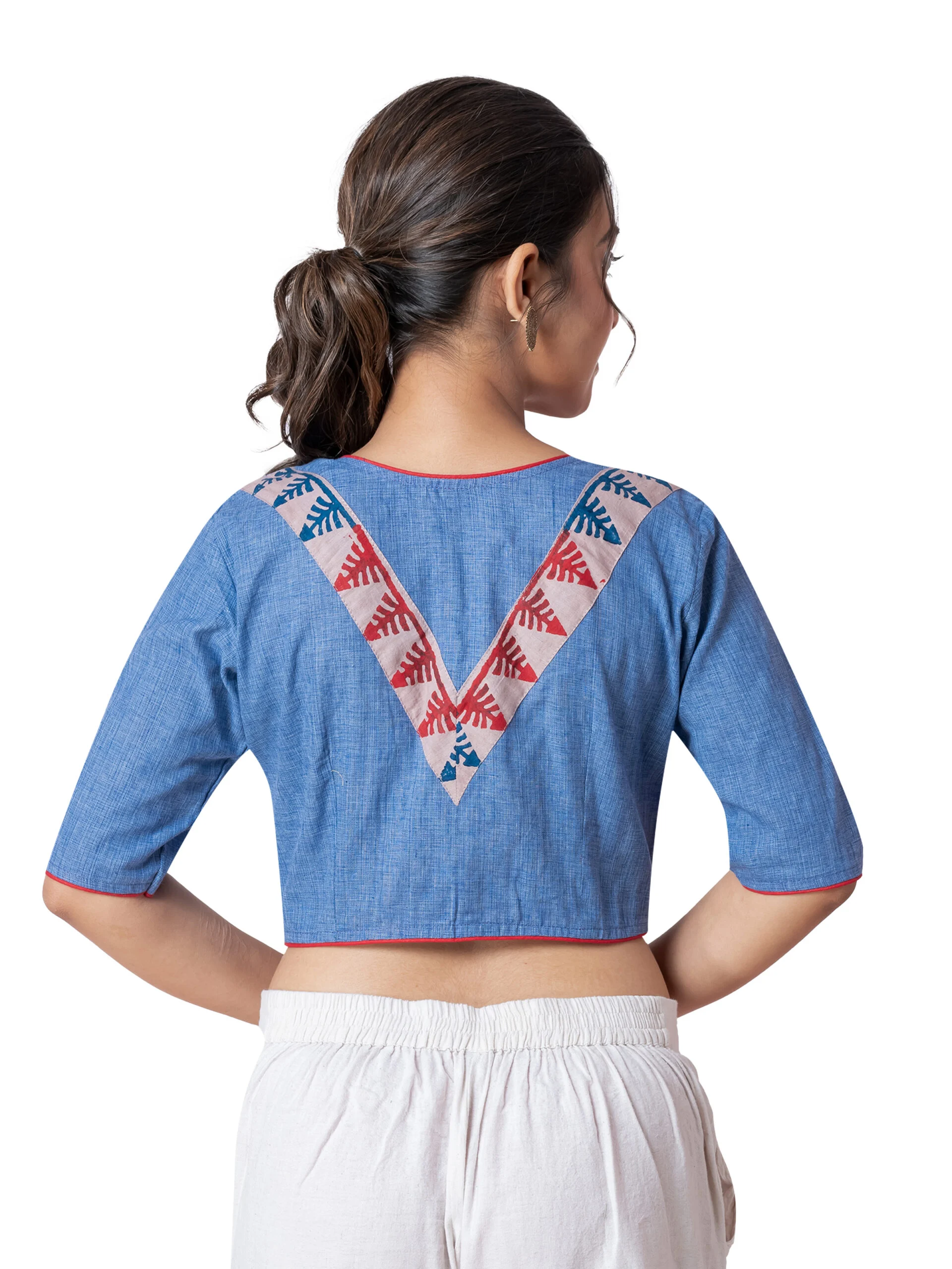 JALPAIBON Elegant Blue Stylish Round Neck Cotton Designer Short Sleeve Blouse for Women