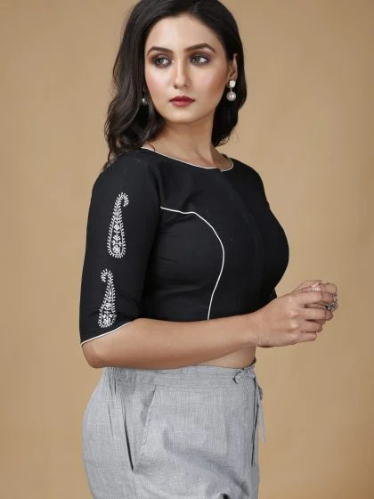 JALPAIBON Boat Neck Cotton Women Short Sleeve Blouse In Black-JALPBL-24-02-138